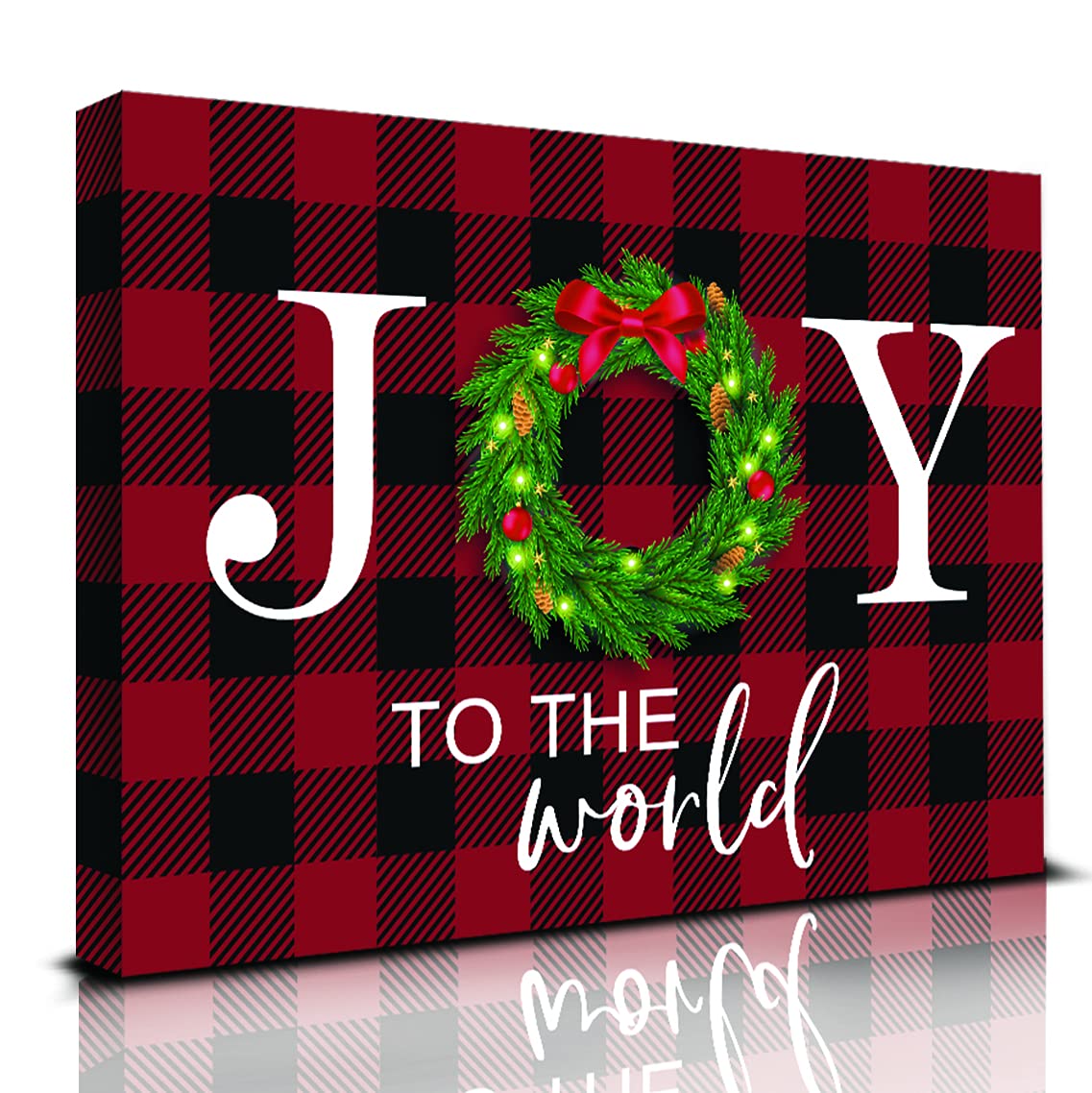 Kairne Christmas Decoration Joy Sign Wall Art(12X16Inch) Rustic Buffalo Plaid Xmas Wreath Canvas Art Print,Holiday Farmhouse Hap