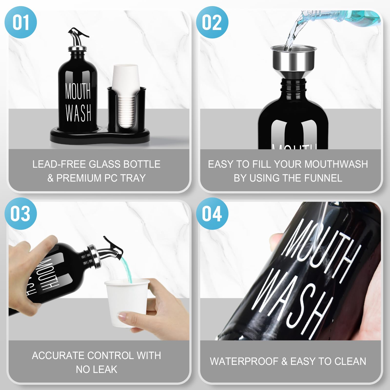 Glass Mouthwash Dispenser with Cup Holder BYAWAY Mouthwash Set for Bathroom 16 OZ Refillable Mouthwash Bottle Container with 14 Mouthwash Cups Funnel (Black)