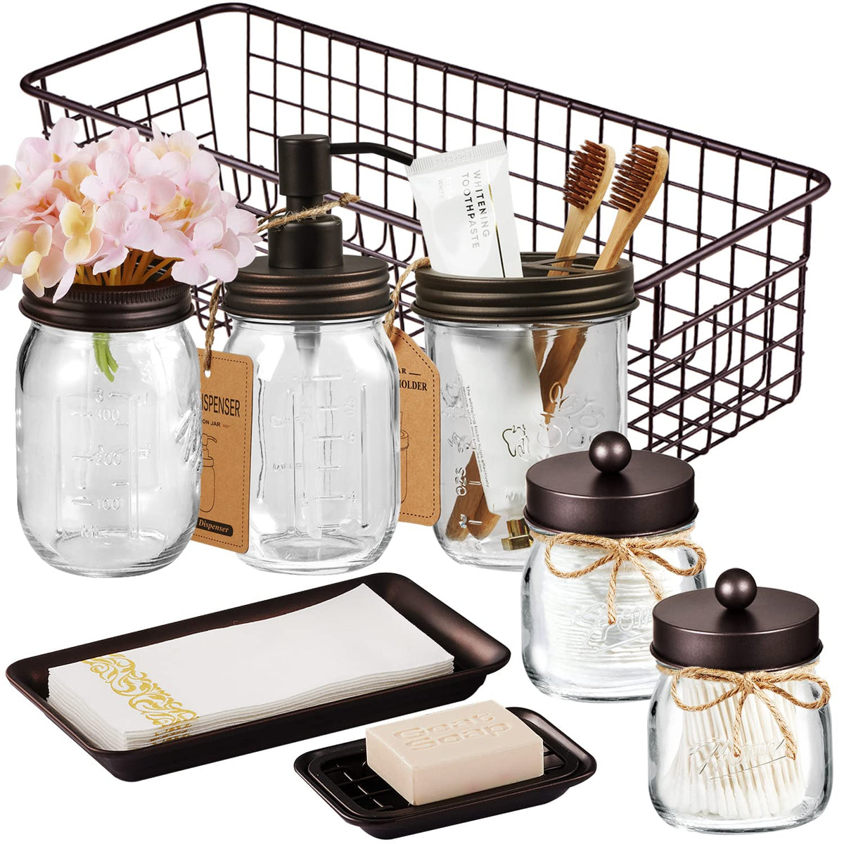 Mason Jar Bathroom Accessories Set (8 Pcs) - Lotion Soap Dispenser,Toothbrush Holder,2 Apothecary Jars, Flower Vase,Soap Dish,Va