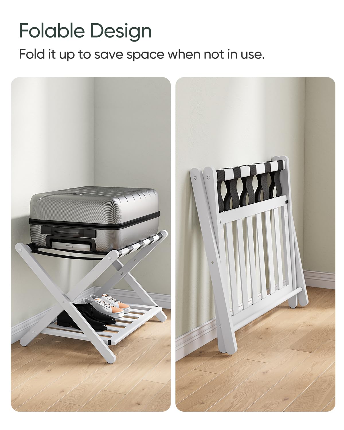 Smart Fendee Fully Assembled White Bamboo Luggage Rack, 5 Straps Folding Suitcase Stand With Shoe Shelf, Heavy Duty Wood Large L