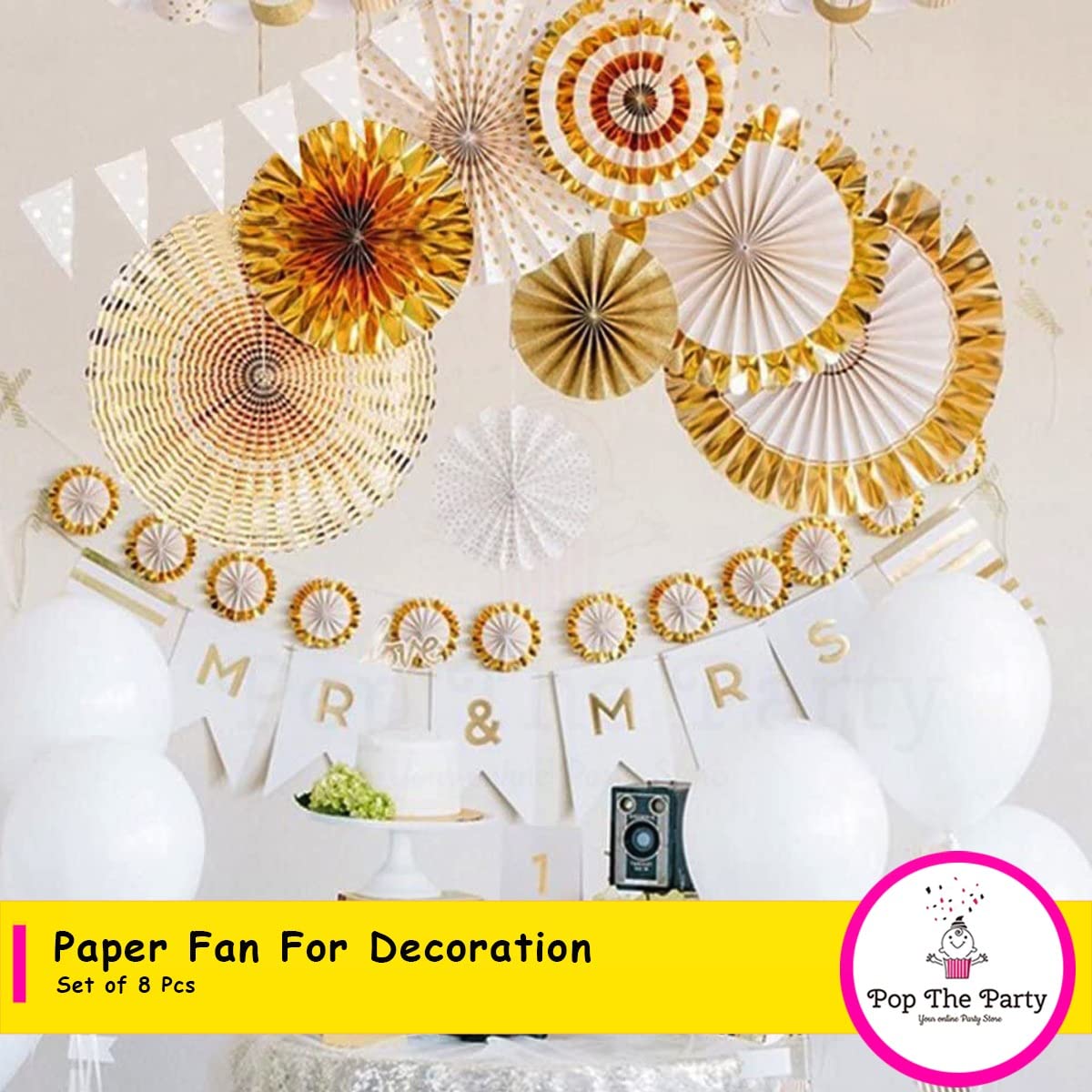 Pop The Party 8pcs Origami Wall Decoration Set Golden White Round Paper Fans Party Decoration for Birthday Wedding Baby Shower P