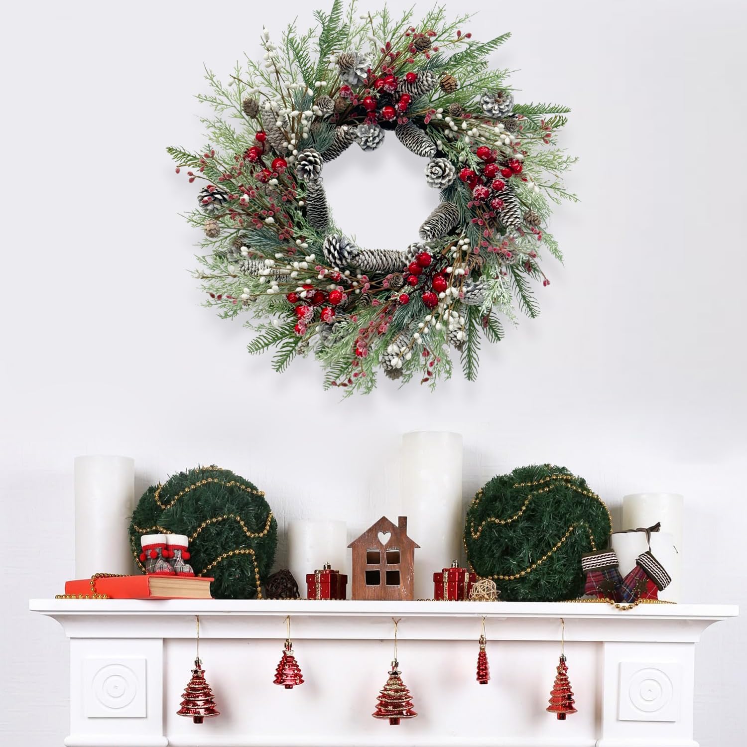 Christmas Wreath for Front Door, 24 inch Winter Wreaths with Natural Pine Cones, Red Berries,Spruce Branches,Xmas Indoor Outdoor