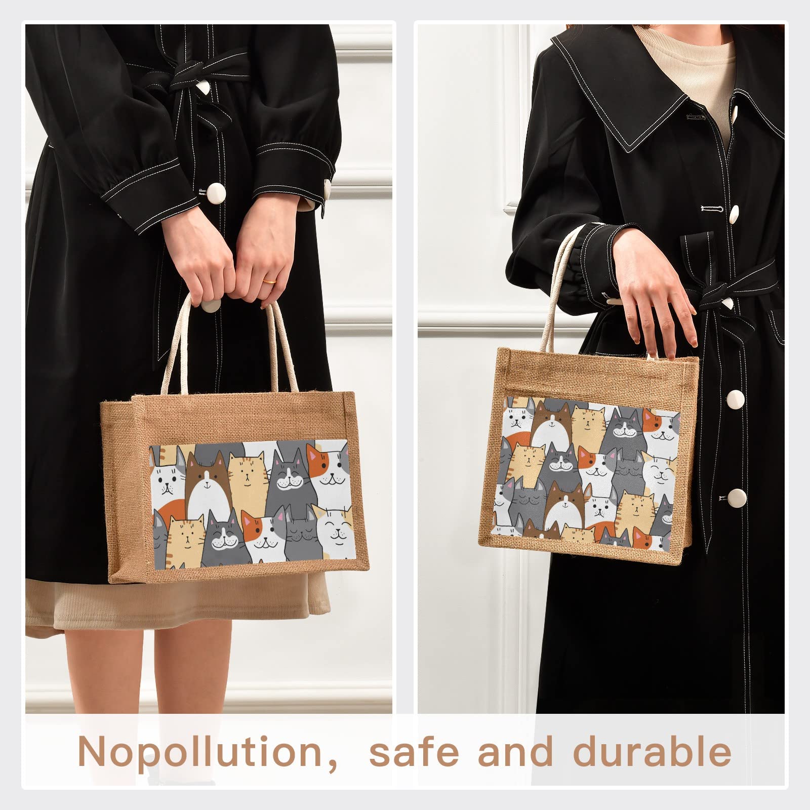 Cataku Cats Funny Jute Tote Bags With Handles & Zipper Reusable Shopping Grocery Bags Burlap Bags With Front Canvas Pocket Gift