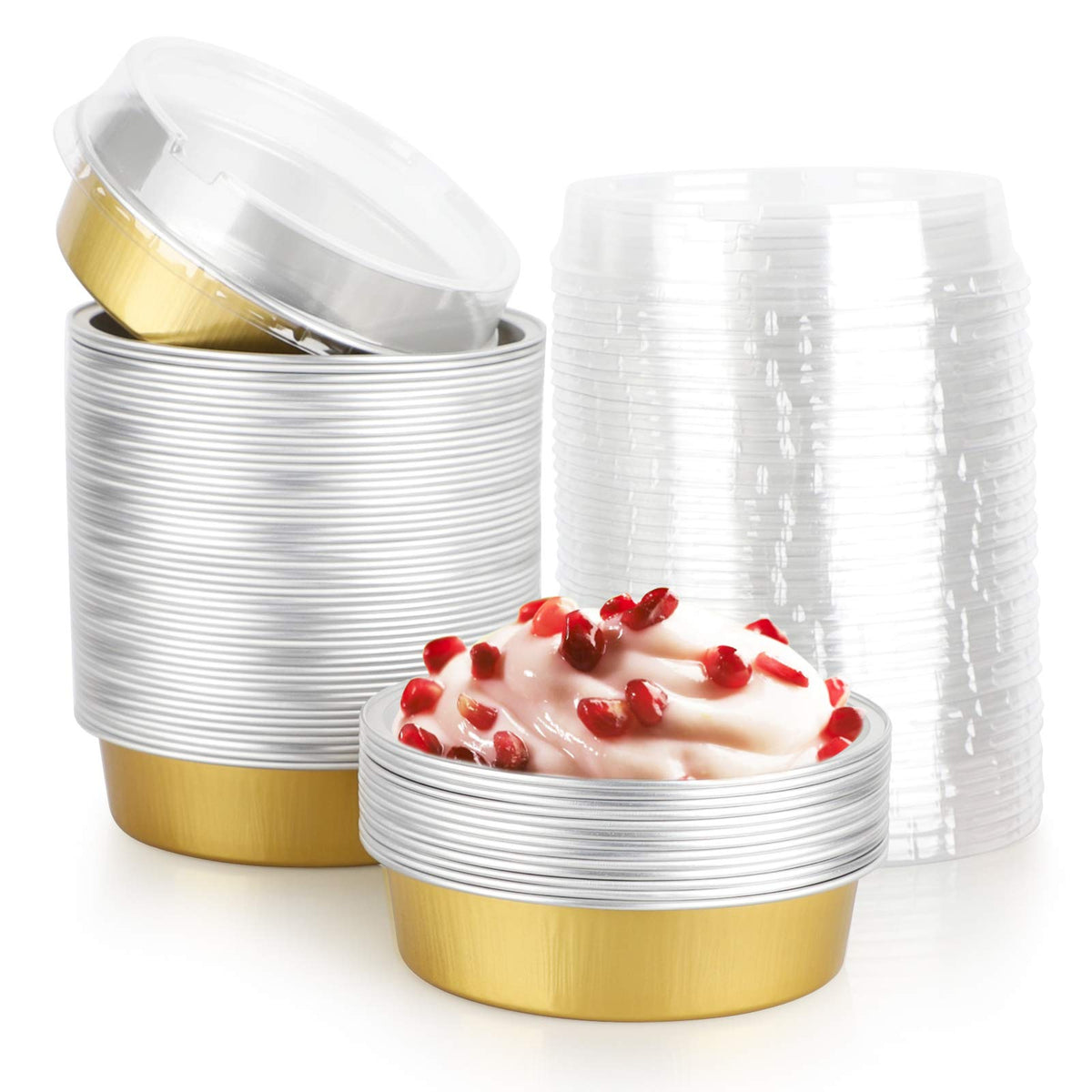 Beasea Disposable Pie Tins 4 Inch, 50 Pack Mini Tart Pans With Lids, 8 Oz Golden Aluminum Pie Pan Tin Tart Pans Round Oven Bakin
