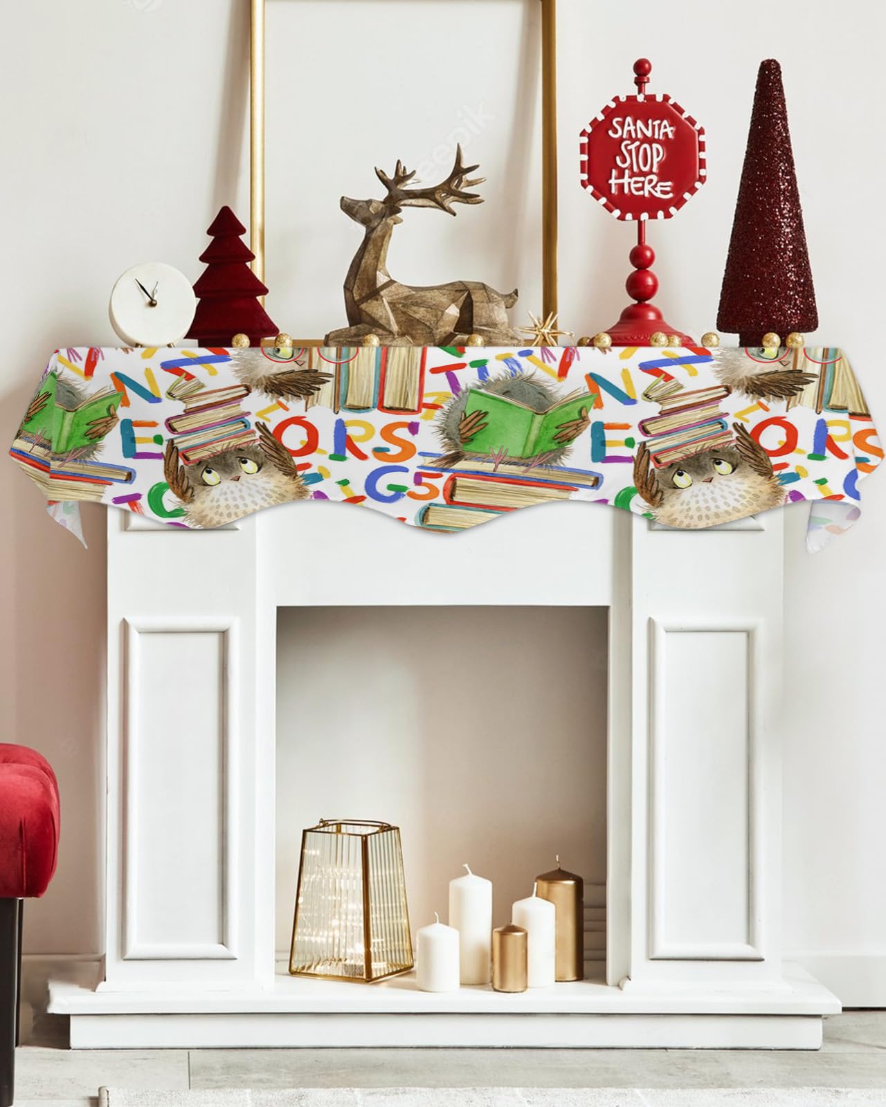 Victoroes Mantle Scarf 90 X 17 Inch, Back To School Season Cartoon Owl Book Fireplace Mantel Scarf Mantel Cover Runner For Home