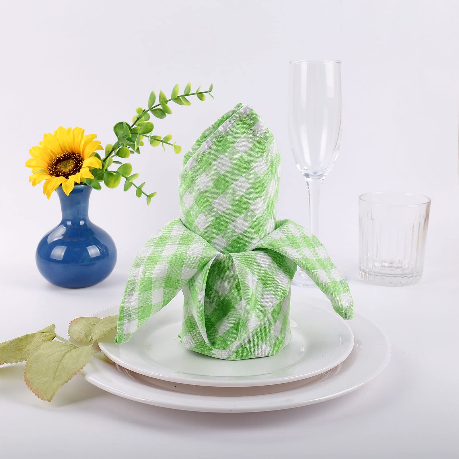 Buffalo Plaid Cloth Napkins Set Of 6, 18 X18 Inches Green White Cotton Washable Table Napkins, Reusable Gingham Cloth Dinner Nap