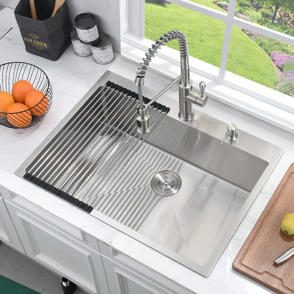 33 Inch Drop In Kitchen Sink Stainless Steel-Bokaiya 33X22 Single Bowl Drop In Kitchen Sink 16 Gauge Deep Stainless Steel Deep K