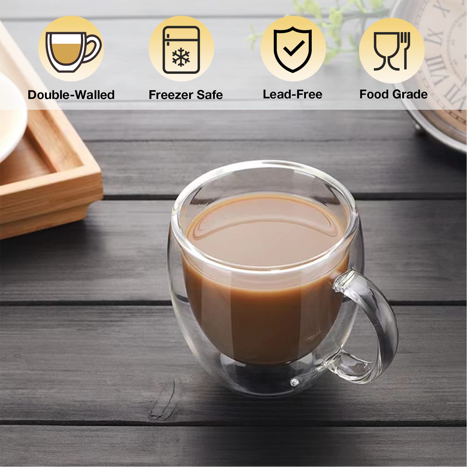 Mfacoy Double Wall Insulated Glasses Espresso Cups Set of 4  5 oz Clear Coffee Cups with Handle  Espresso Shot Glasses  Suit for Espresso Machine  Latte  Cappuccino  Glass Coffee Mugs