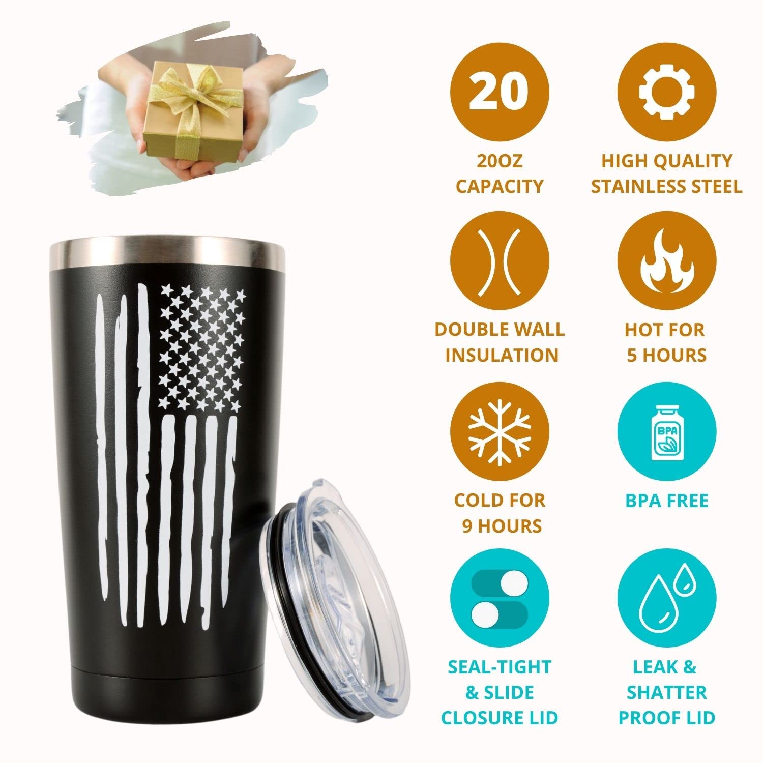 American Flag 20 Oz Travel Coffee Tumbler & Mug For Men Husband Dad, Unique Patriotic Military Gifts For Fathers Day, Christmas,