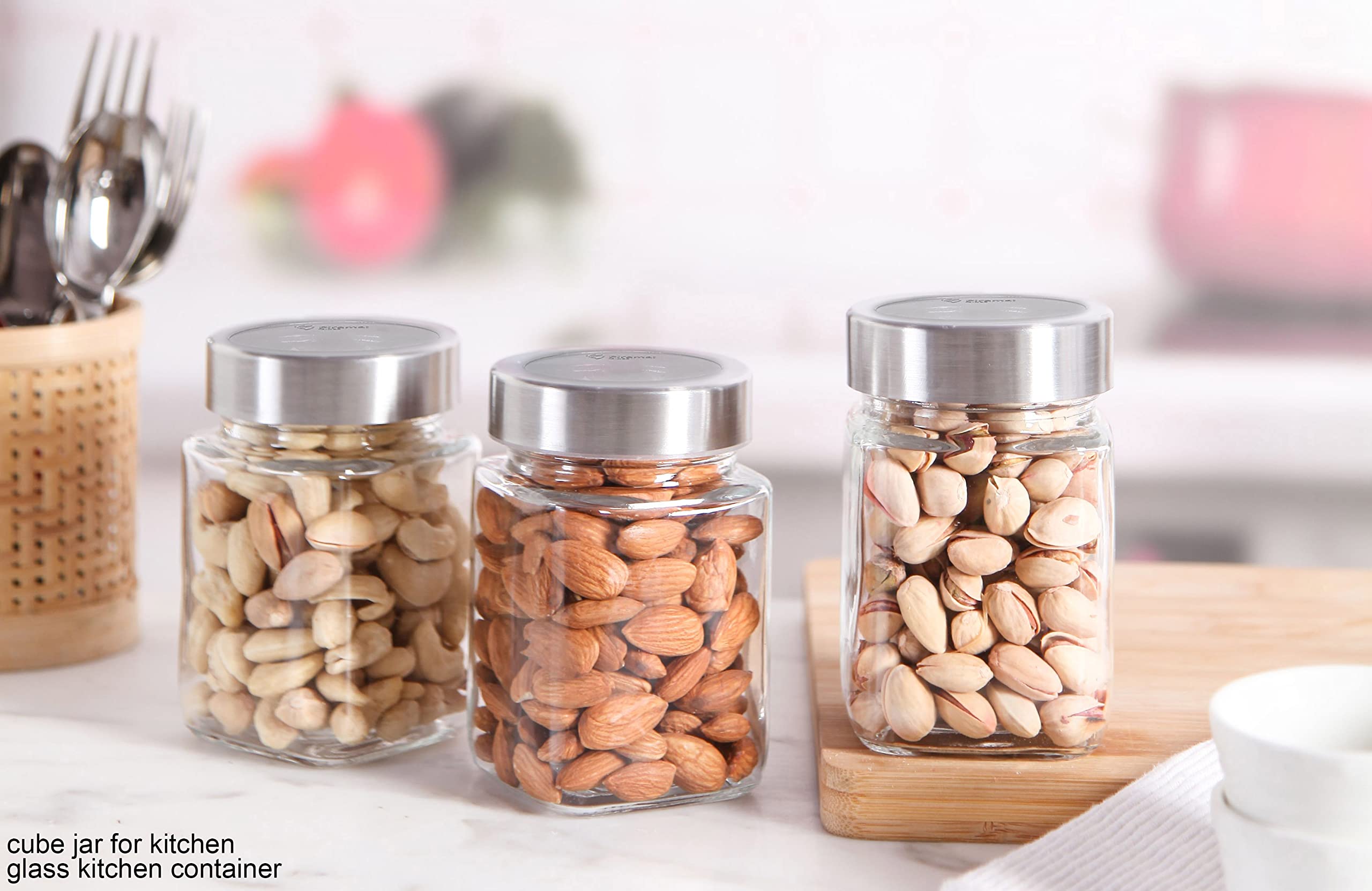 Brezzycloud Piraml Glass Cubical Square 300ml Transparent Glass Jars & Containers for Kitchen Pantry, Snacks, Honey, Jams, Pickl