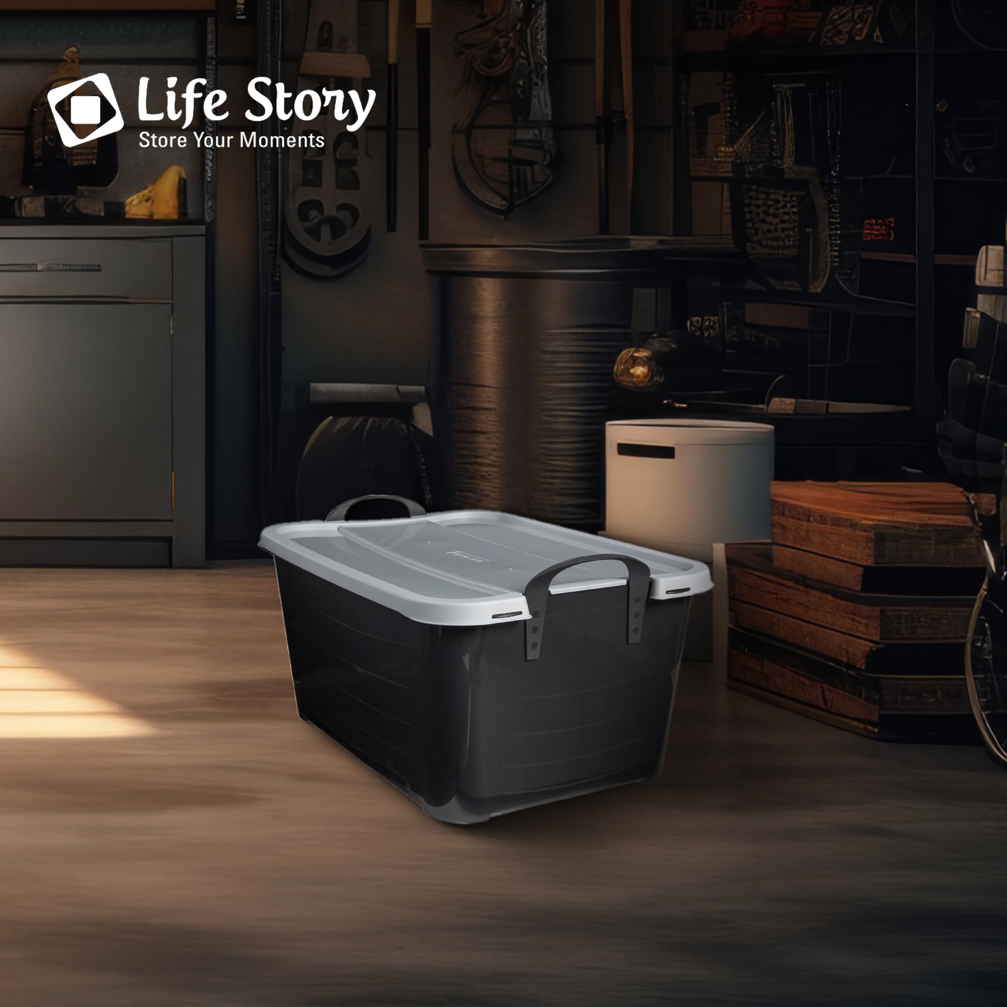 Life Story 18-Pack Stackable Plastic Storage Bins W/Handles & Snapping Lids, 55 Qt., Black