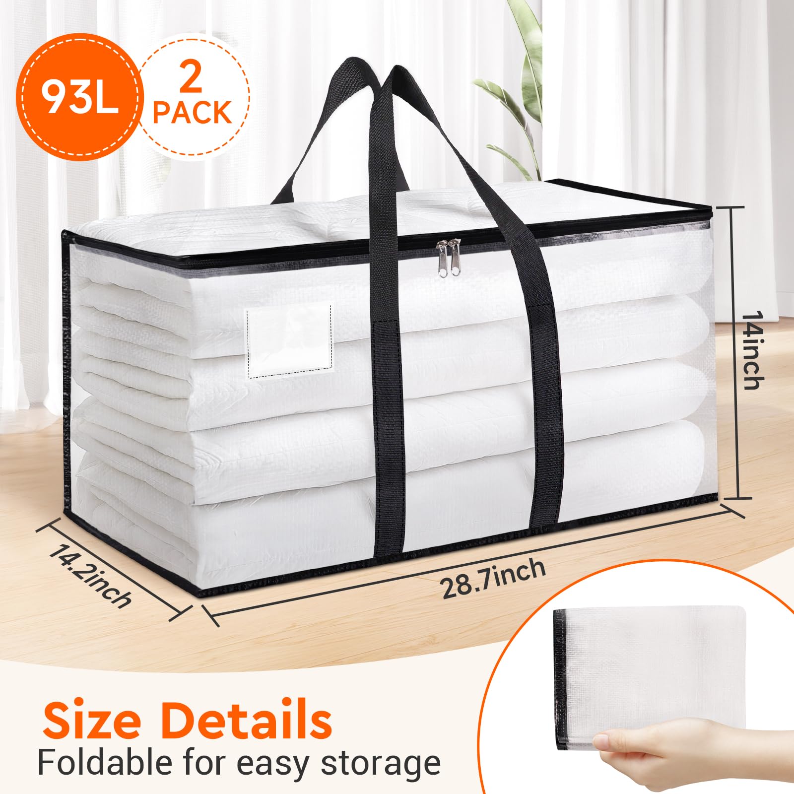 BlissTotes Moving Bags  Storage Bags with Zipper  Moving Bags Heavy Duty Extra Large  Moving Supplies  Clear Packing Bags  Reinforced Handles and Tag Pocket & Collapsible Moving Bags (93L)