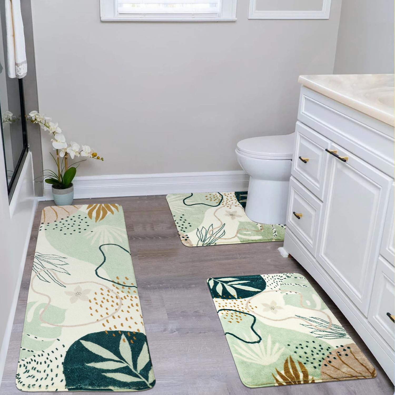 Uphome Bathroom Mat Rug Set, Cute Green Plant Toilet Rugs U Shaped, Abstract Non Slip Washable Bathroom Floor Mats Sets, Soft Ve