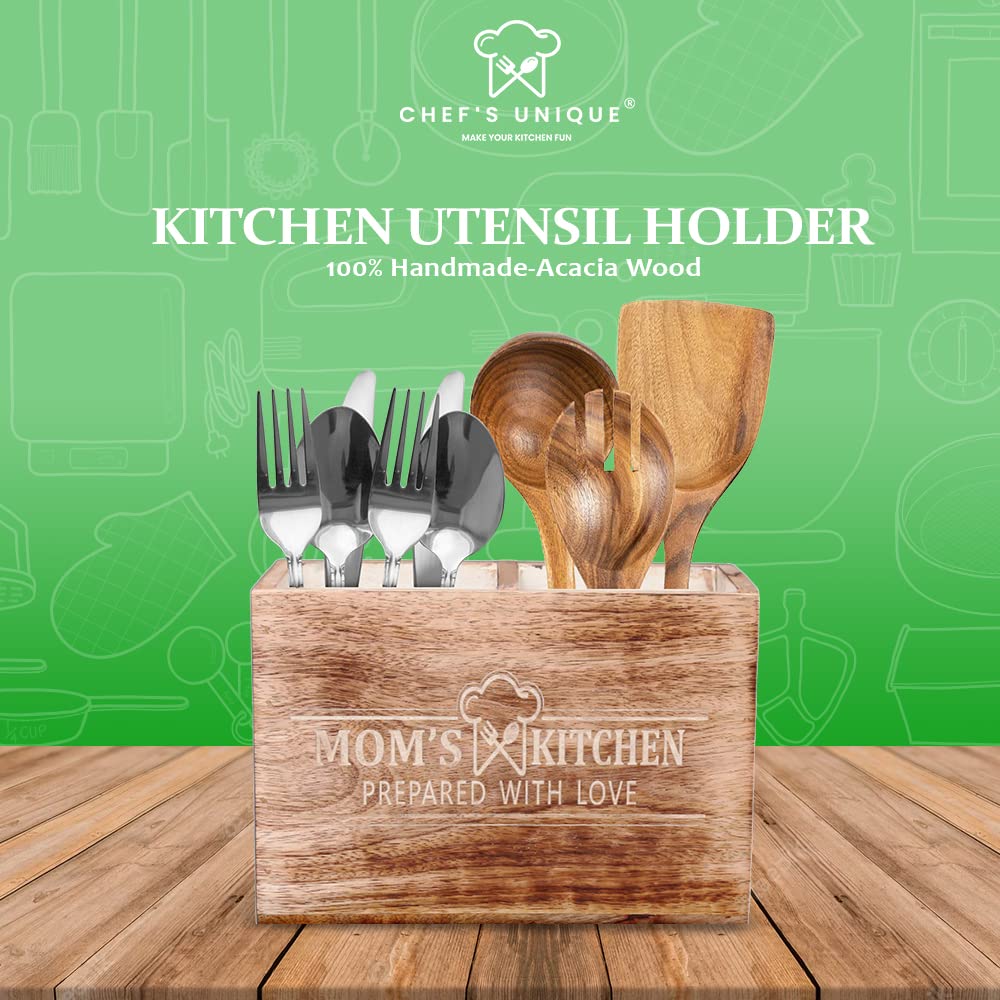 Chef'S Unique Wooden Utensil Holder For Countertop Mothers Day Gift - Durable Cooking Utensils Holder - Large Rustic Countertop