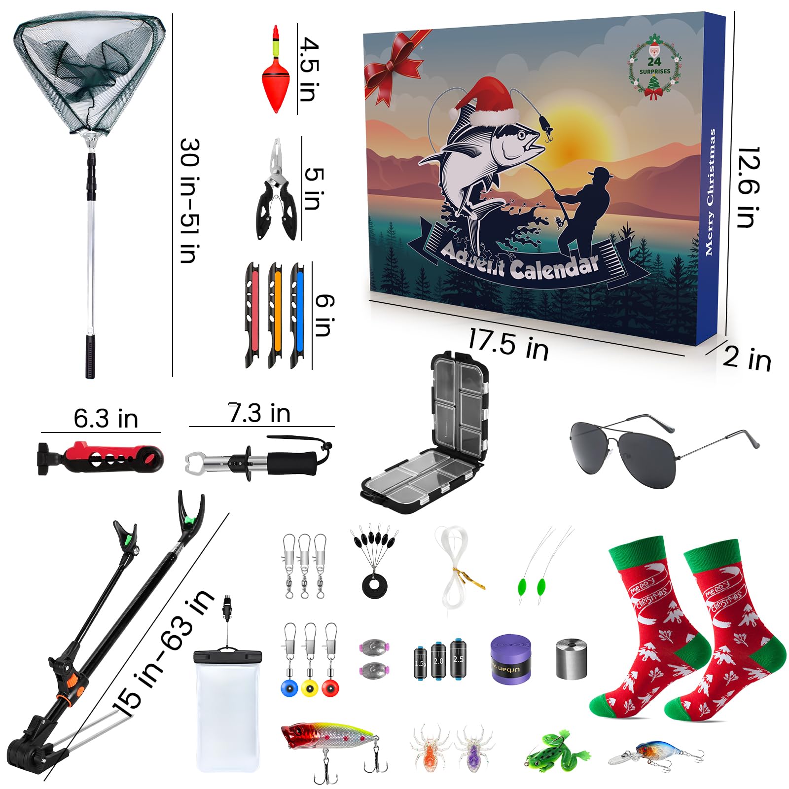 Fishing Advent Calendar Christmas 2025-24 Days Countdown to Christmas Calendar with Fishing Rod Holder, Fish Lip Gripper, Hook T