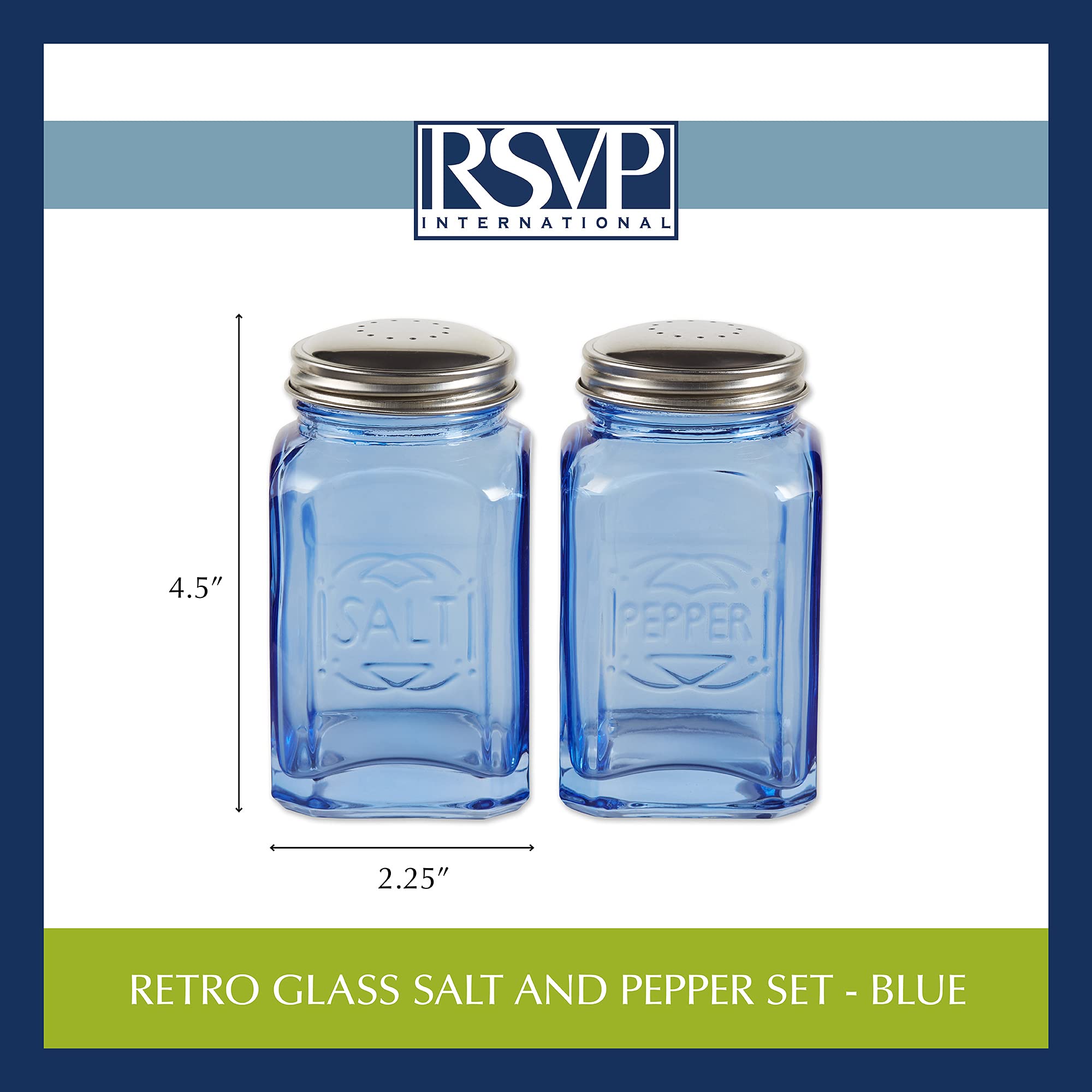 RSVP International Jumbo Retro Glass Salt & Pepper Shakers, 8 oz, Blue, Stainless Steel Lid, Model 8015, 2.25x2.25x4.6 inches