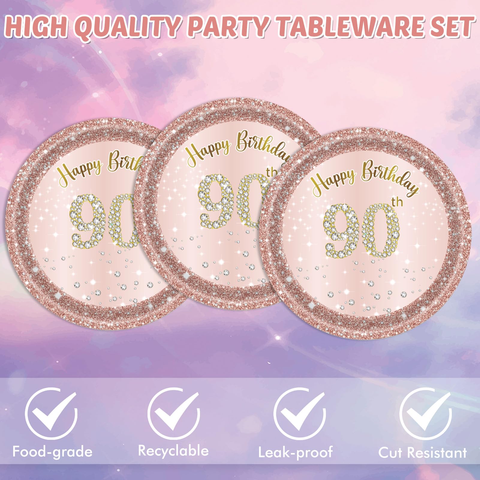 40Pcs 90Th Birthday Decorations For Women Rose Gold 90Th Theme Birthday Party Tableware 90 Year Old Birthday Party Decorations P