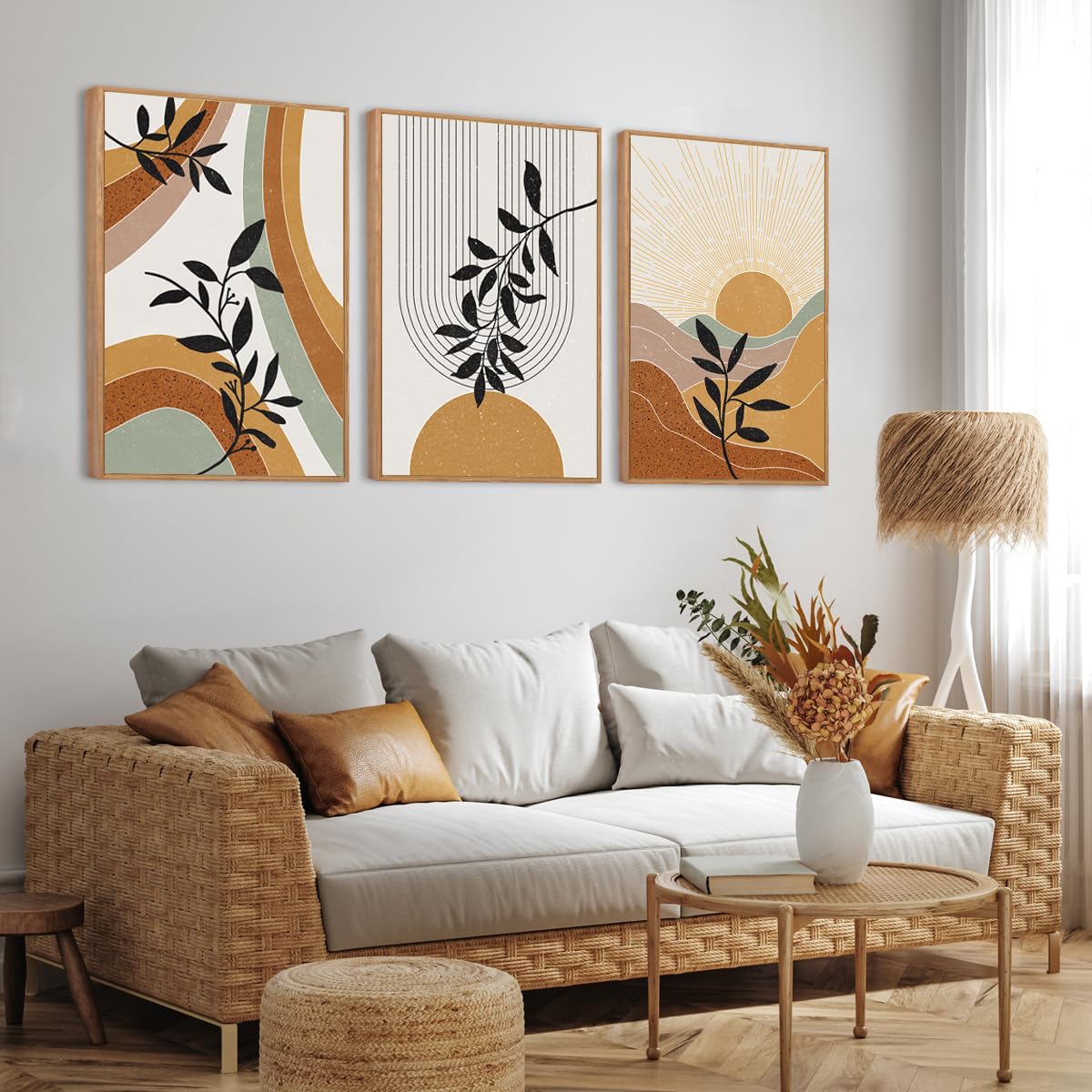 Bincue Large Boho Framed Wall Art Painting Mid Century Modern Decor Prints Boho Canvas Wall Decor For Living Room Bedroom Artwor