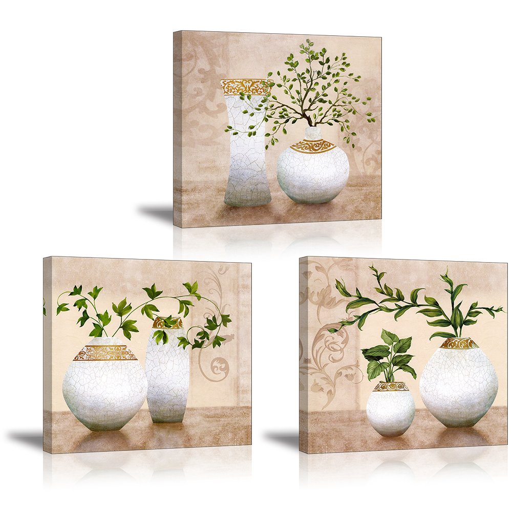 3 Piece Wall Art For Bathroom/Hallway, Sz Hd Elegant Canvas Painting Prints Of Green Spring Plants In Vases On Beige/Tan Picture