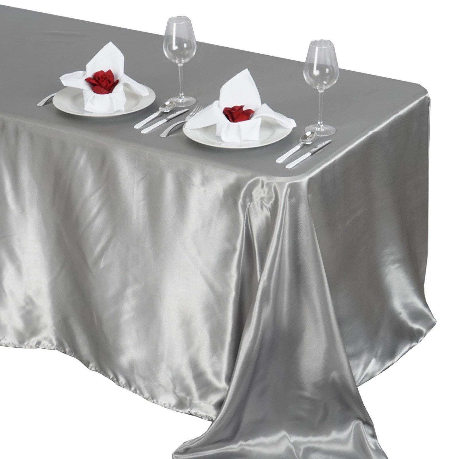Balsacircle 90X132 Inch Silver Satin Rectangle Tablecloth Table Cover Linens For Wedding Table Cloth Party Reception Events Kitc