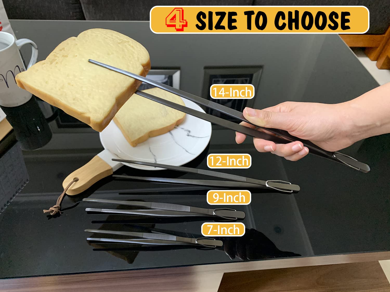 Jetkong Extra Long Kitchen Tweezers Heavy Duty Stainless Steel Cooking Tweezers, Set Of 3 (9 12 14 Inch, Black)