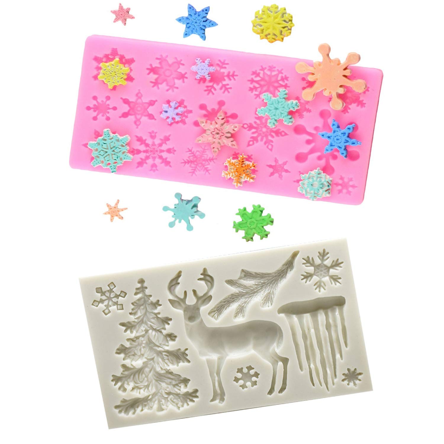 Tvoip 2Pcs Christmas Theme Silicone Mold Elk Snowflake Tree Deer Fondant Dessert Ice Cube Candy Chocolate Mold