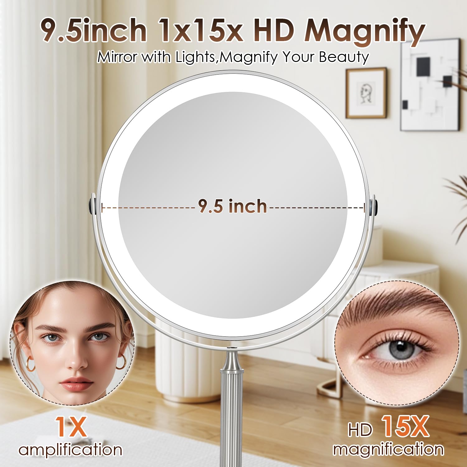 VESAUR 15X Magnifying Mirror with Light - 9.5" HD Double-Sided, Rechargeable, 360° Swivel, Pearl Nickel Finish, Model D912