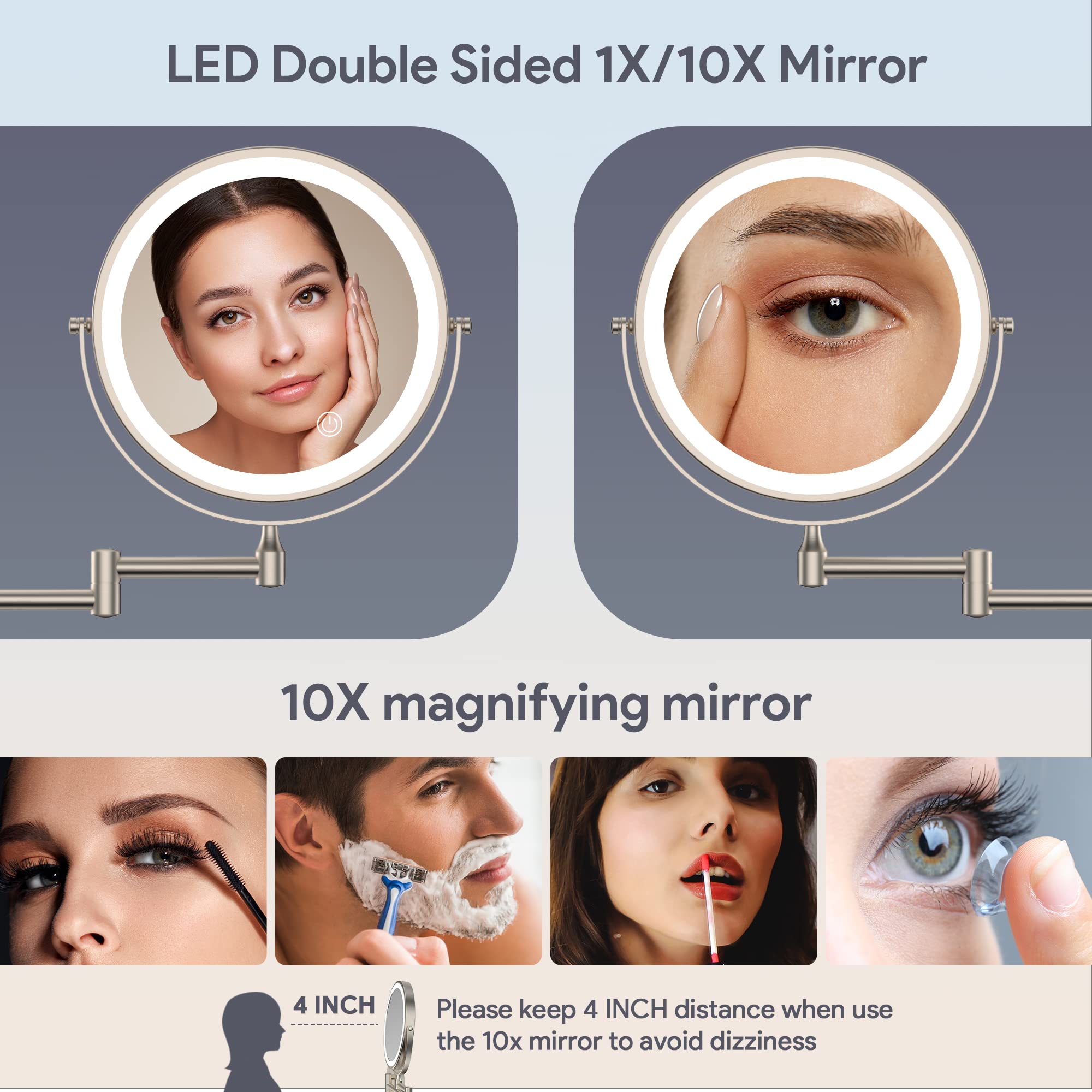 Rocollos Rechargeable Wall Mounted Lighted Makeup Mirror, 8 Inch Double-Sided Led Vanity Mirror 1X/10X Magnification,3 Color Lig