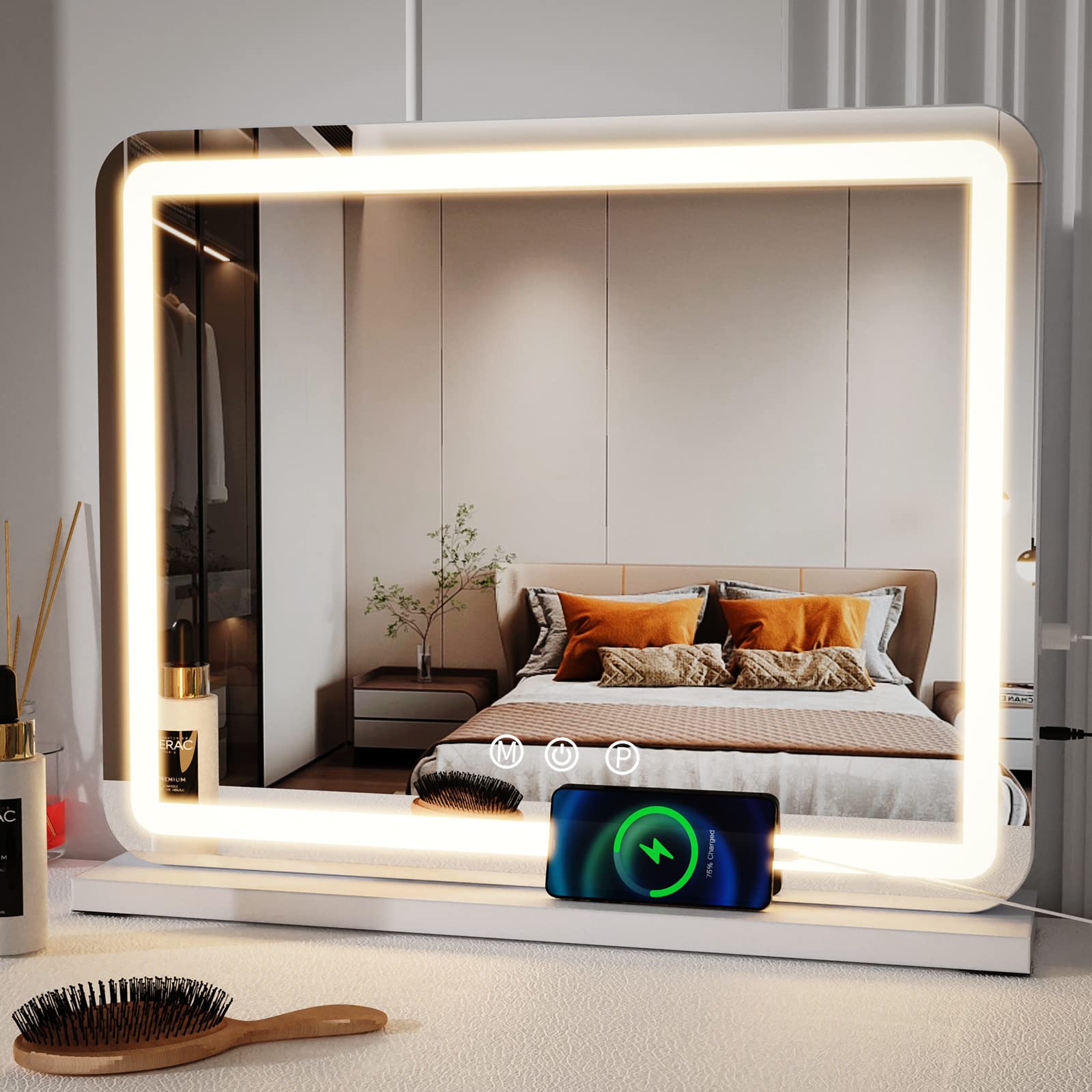 Zl Zeling Vanity Mirror With Lights, 23 Inch Large Makeup Mirror With Led Lights, Smart Touch Dimmable 3-Color Light, Memory Fun