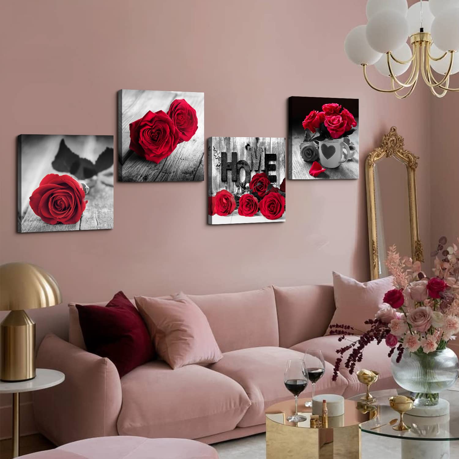 Red Flower Canvas Wall Art For Girls Bedroom Rustic Rose Floral Pictures Bathroom Wall Decor Retro Romantic Blossom Bouquet Pain