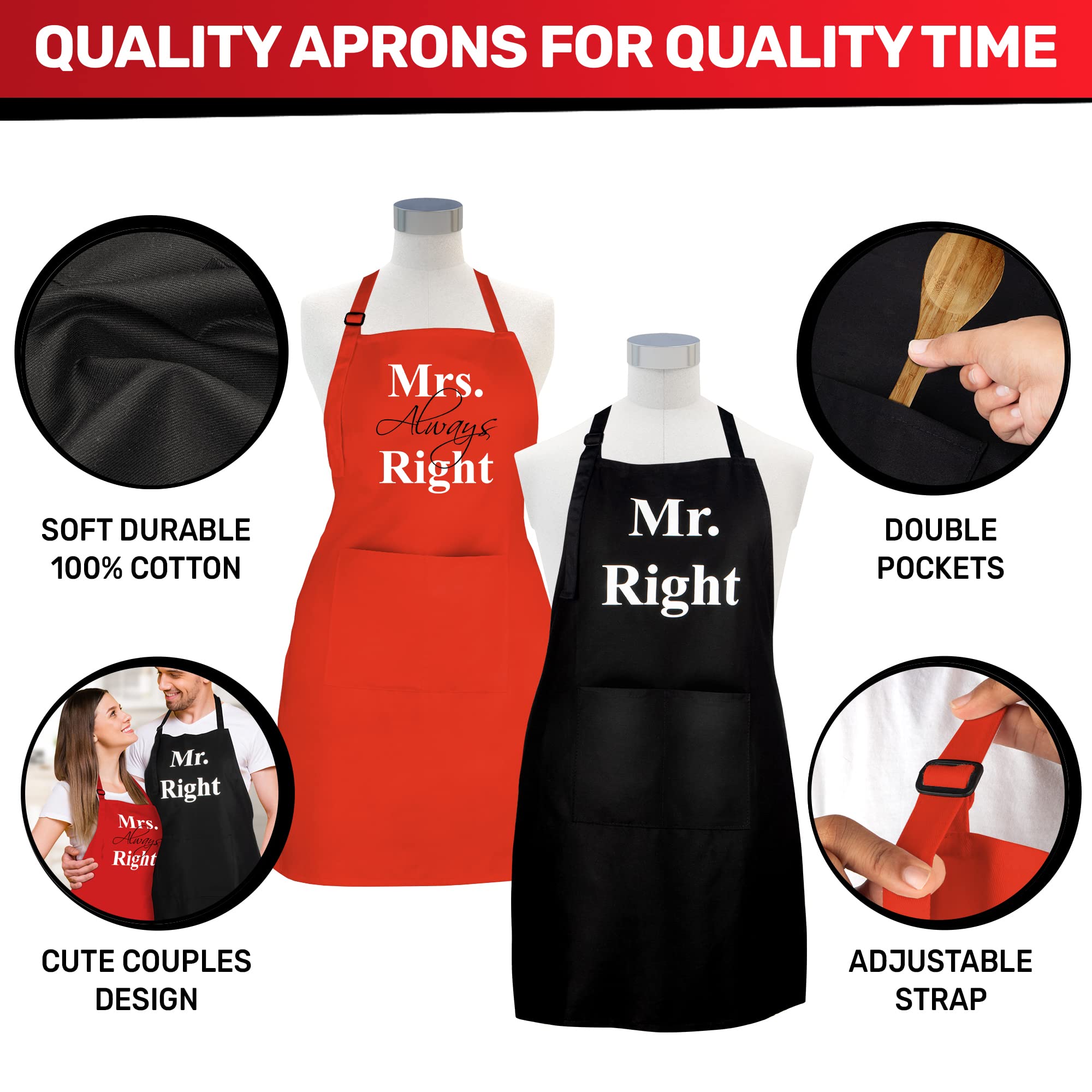 Prazoli His And Her Aprons - Mr Right Mrs Always Right Couples Engagement Gift, Cute Bridal Shower Gift Anniversary Wedding Regi