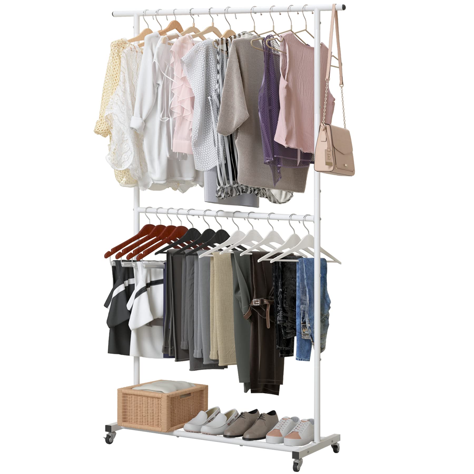 Sywhitta Double Rod Clothing Garment Rack, Rolling Clothes Organizer On Wheels For Hanging Clothes, Easy To Assemble, Adjustable