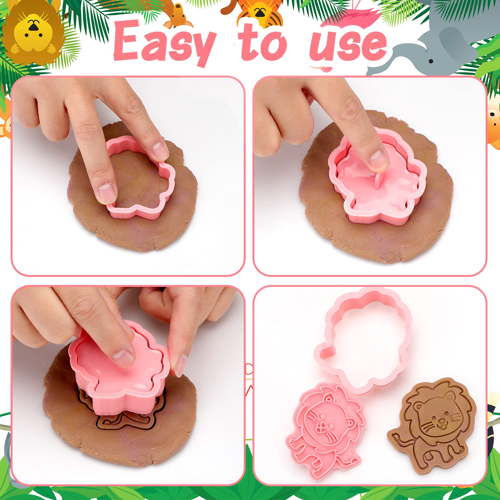 Cunhill Jungle Animal Cookie Cutters Set – 8 Pcs 3D Safari Plastic Stamps in Pink for Baking & DIY Fondant Crafts