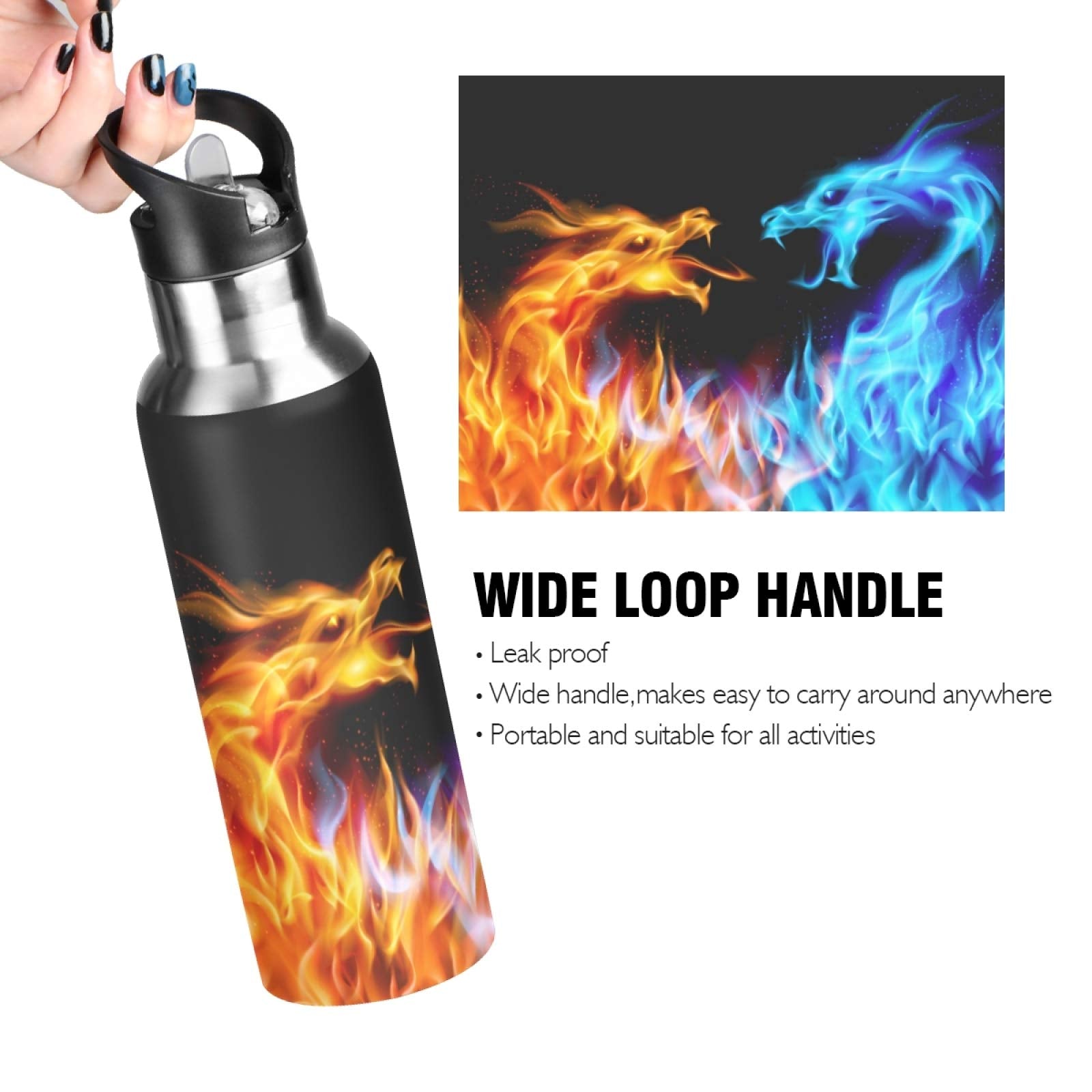 Qilmy 3D Printing Dragon Water Bottle Vacuum Insulated Stainless Steel Water Bottles With Straw Lid Leakproof Wide Mouth Water F