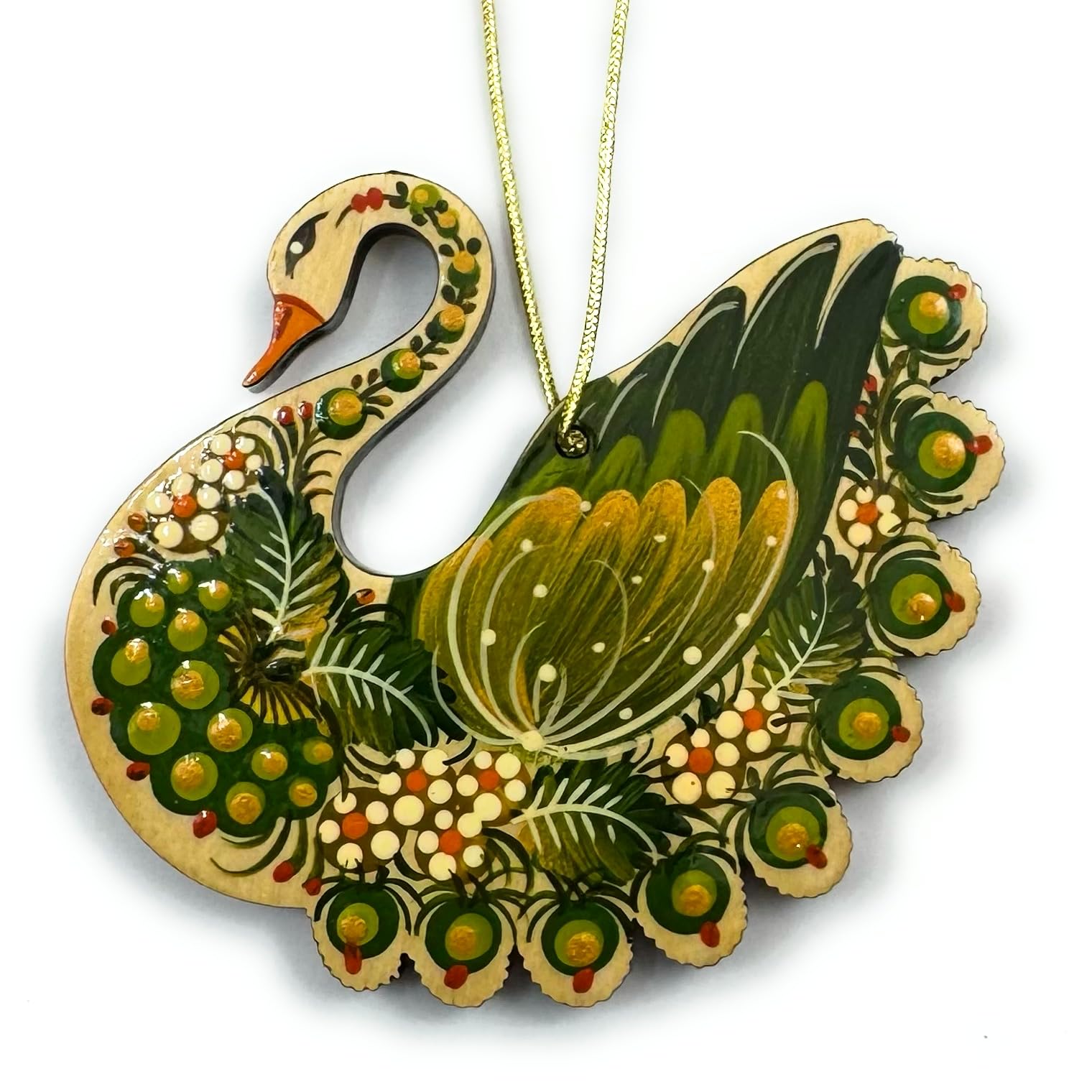 Christmas Swan Ornament Wooden Hand-Painted Ukrainian Petrykivka Folk Art Traditional Craft
