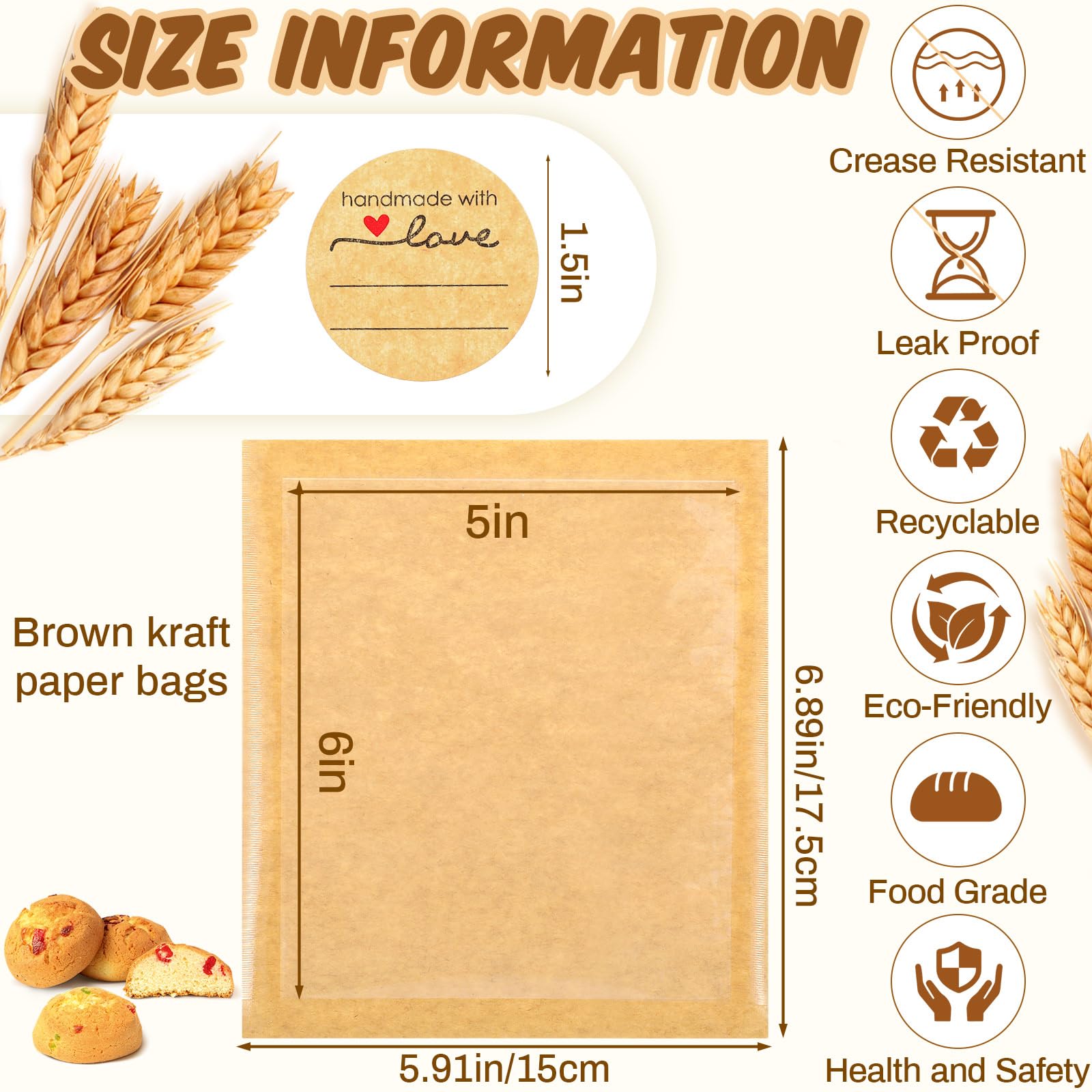 Outus 200 Pcs Cookie Packaging Bags with Seal, 5 x 6 Inch Bakery Pastry Bags with Window, Heat Sealable Grease Resistant Paper t