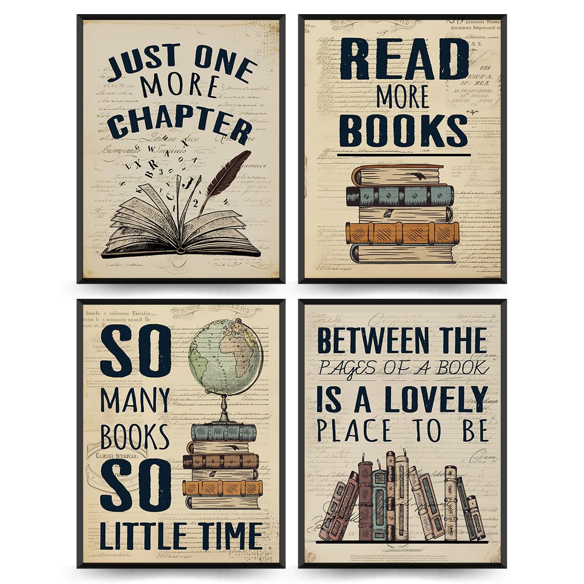 Plkmn Reading Posters For Library Set Of 4 - Book Club Decorations,Library Decor,Book Lovers Gifts,Retro Vintage Wall Art For Re