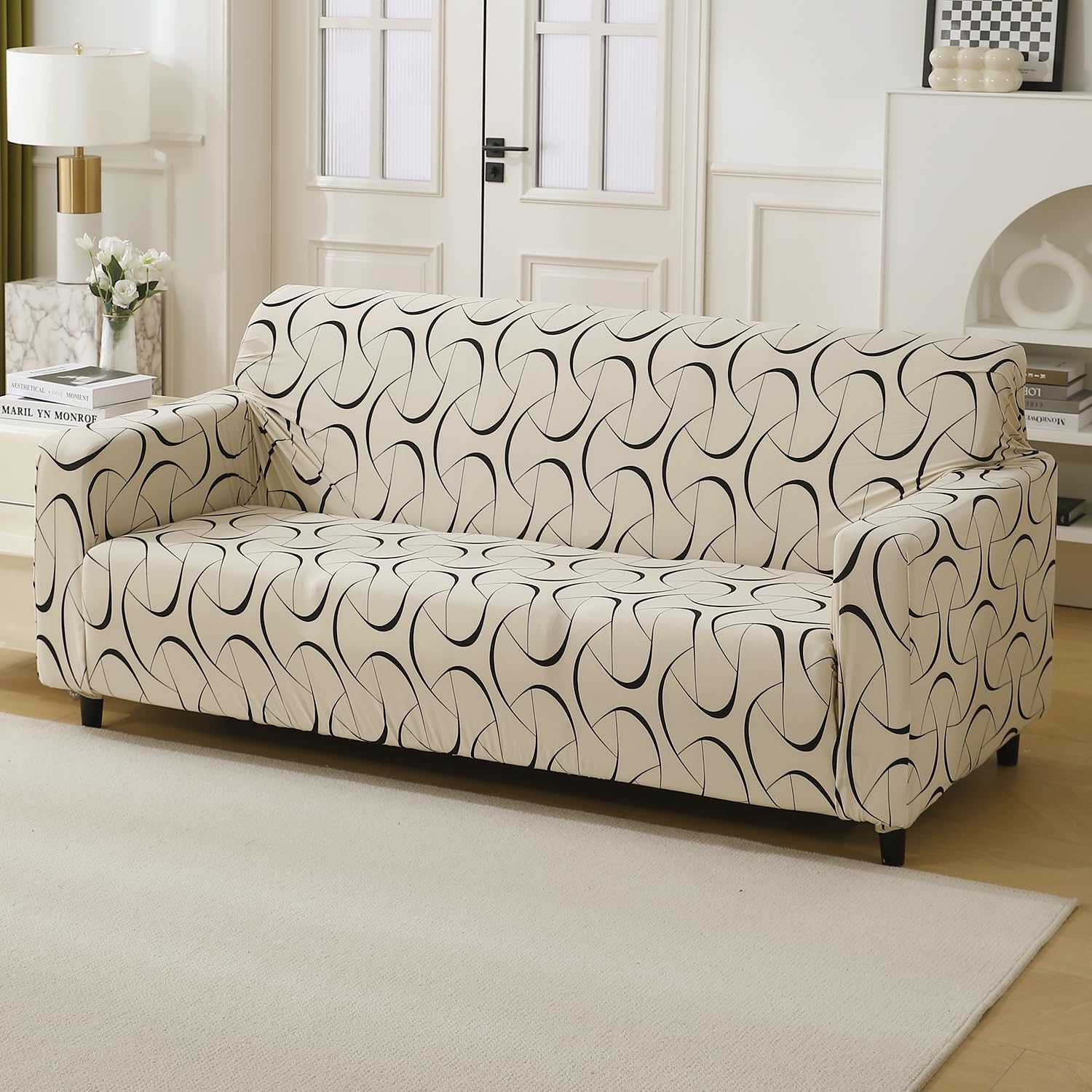 Hokipo Elira Series Polyester Blend 140Gsm Fully Covered Sofa Cover 3 Seater, Natural Beige Abstract Art (New4947C4)