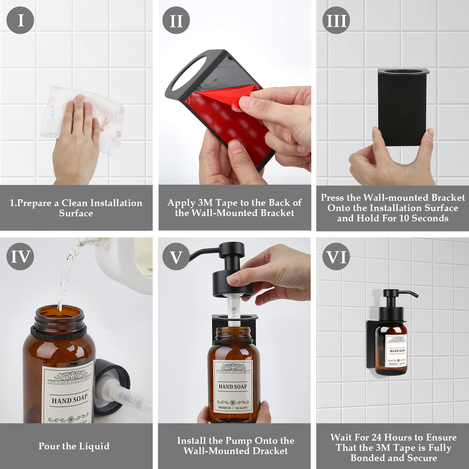 Nobtou Black Soap Dispenser Wall Mount For Bathroom - 8.5 Oz Glass Hand Soap Dispenser With Pump And Drill-Free Wall Mount Holde