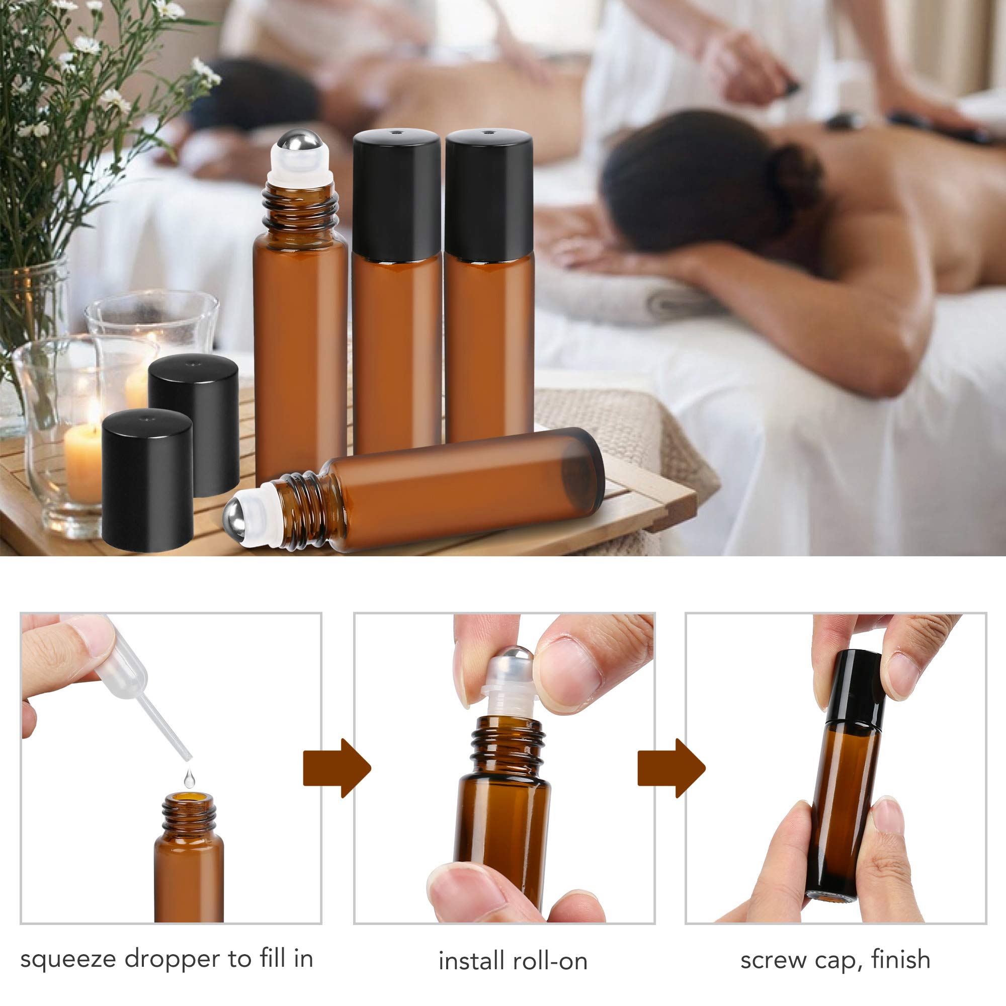 Lotfancy Essential Oil Roller Bottles, 6Pc 10Ml Amber Glass Bottle With Stainless Steel Roller Balls And Caps, Leakproof Perfume