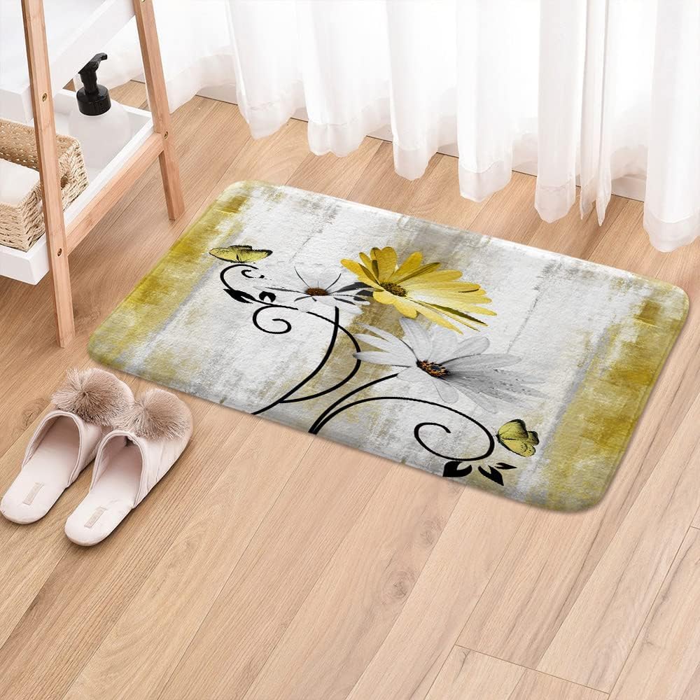 Veivian Rustic Farmhouse Bath Mat, Farm Yellow Daisy Floral Flowers Butterfly Country Wooden Bath Rug For Bathroom, Grey White B