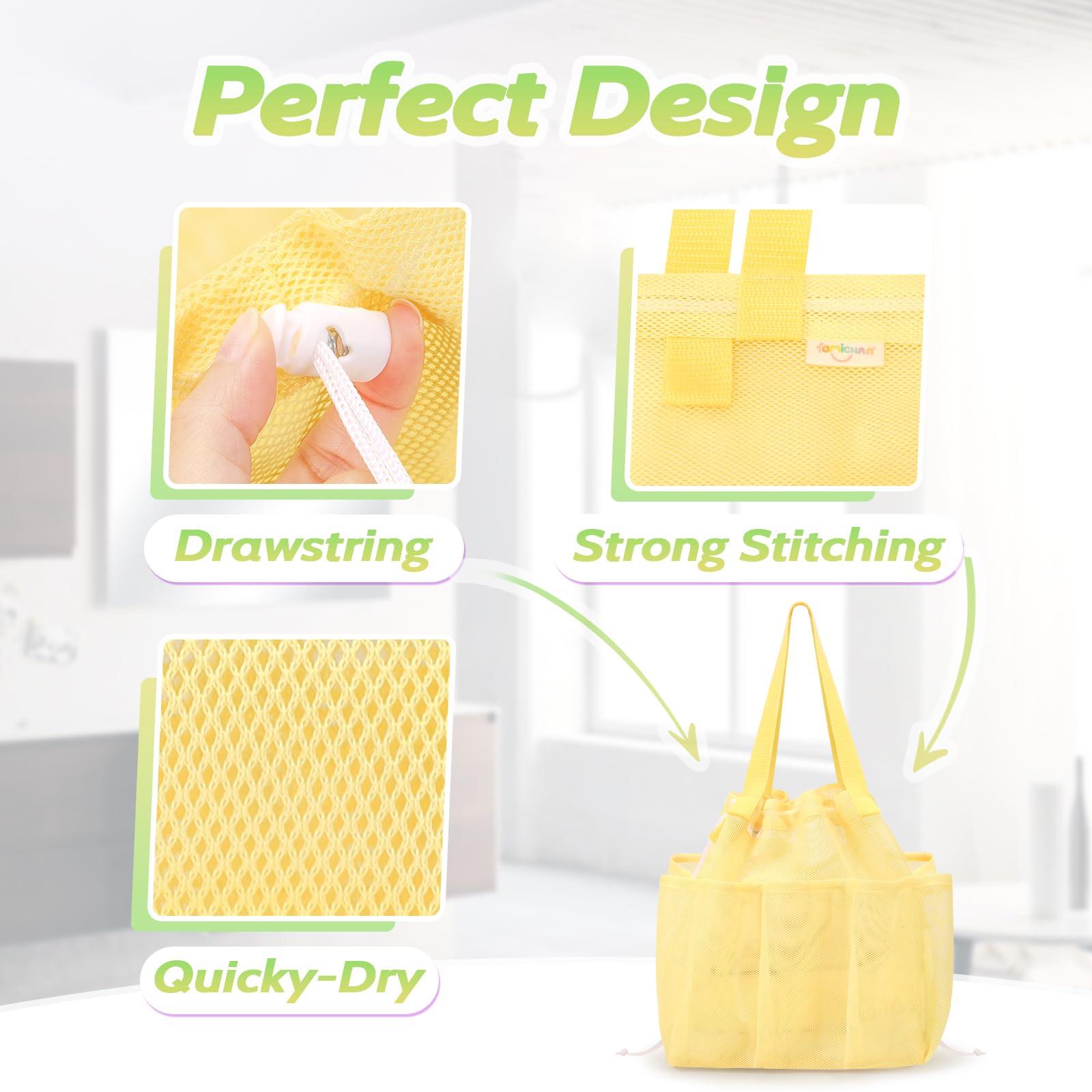 Famichan Mesh Shower Caddy Portable With Drawstring, Dorm Room Essentials For College Students Girls & Boys, Large Shower Bag Fo