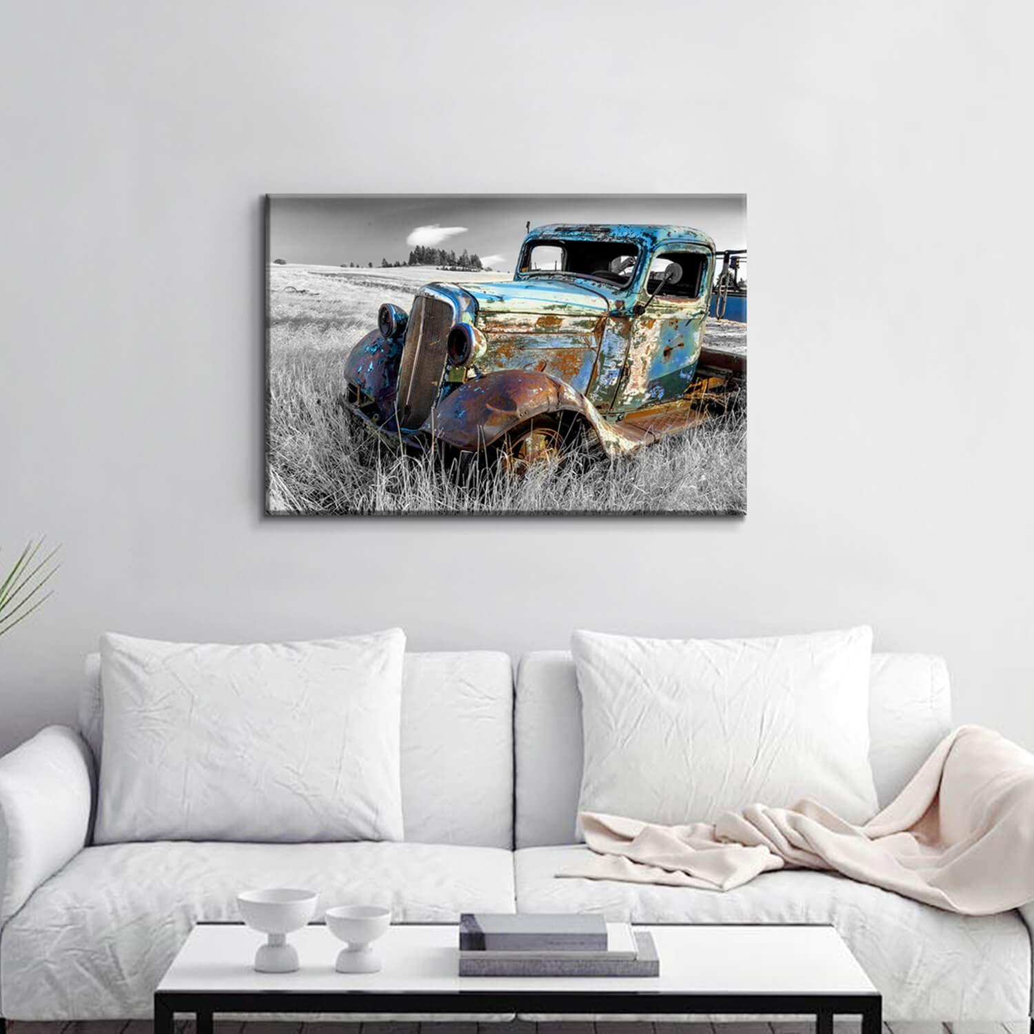 Artistic Path Rusty Truck Canvas Wall Art: Vintage Blue Car Pictures Country Artwork Prints For Living Room (36'' W X 24'' H,Mul