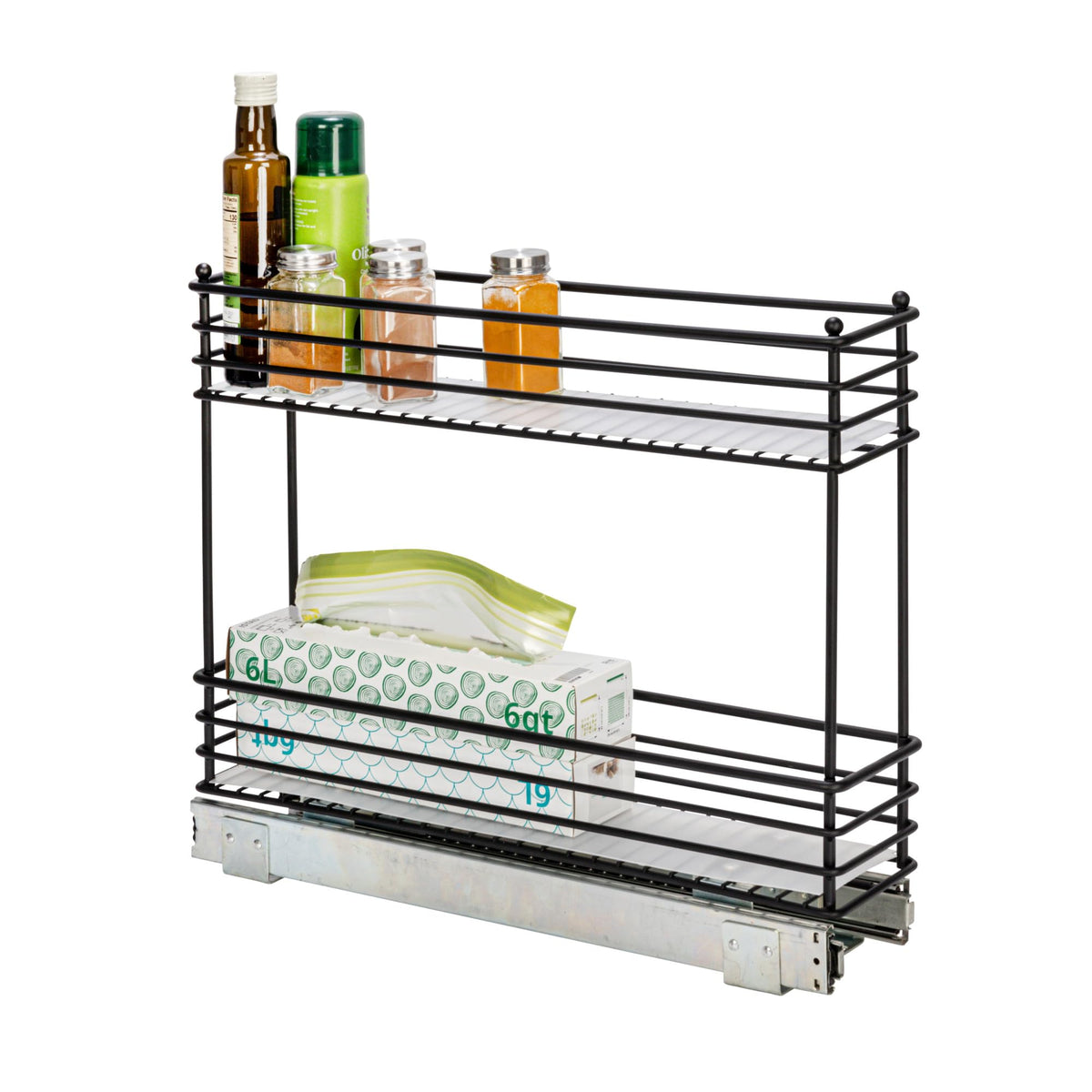 Household Essentials Narrow Sliding Cabinet Organizer, Two Tier Organizer, Matte Black, Great For Slim Cabinets In Kitchen, Bath