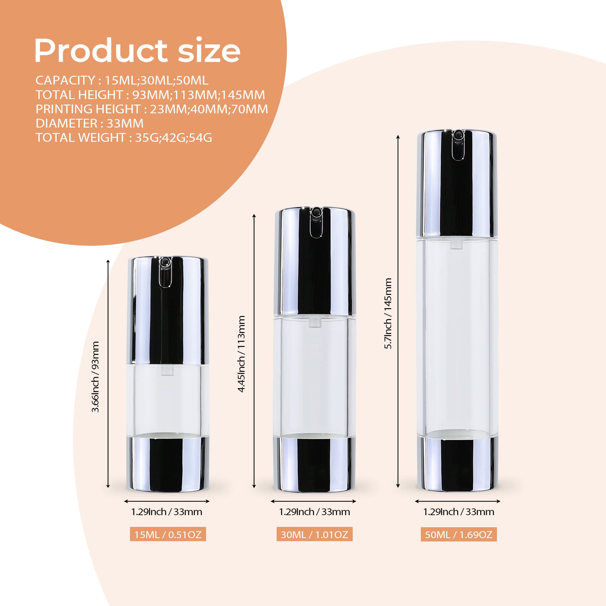 Longway 1.7Oz/50Ml Airless Pump Bottles Silver Airless Cosmetic Cream Pump Bottle Travel Size Dispenser Refillable Containers(Pa