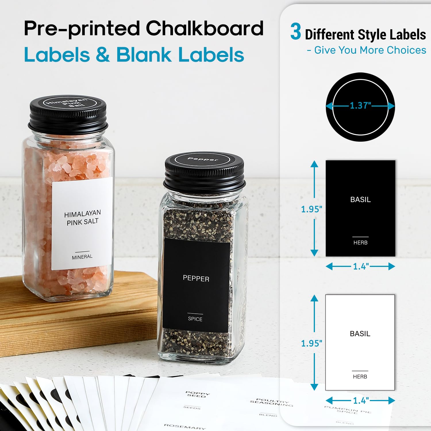 Aozita 14 Pcs Glass Spice Jars With Black Lids - 4Oz Empty Square Spice Bottles And Spice Labels - Black Shaker Lids And Airtigh