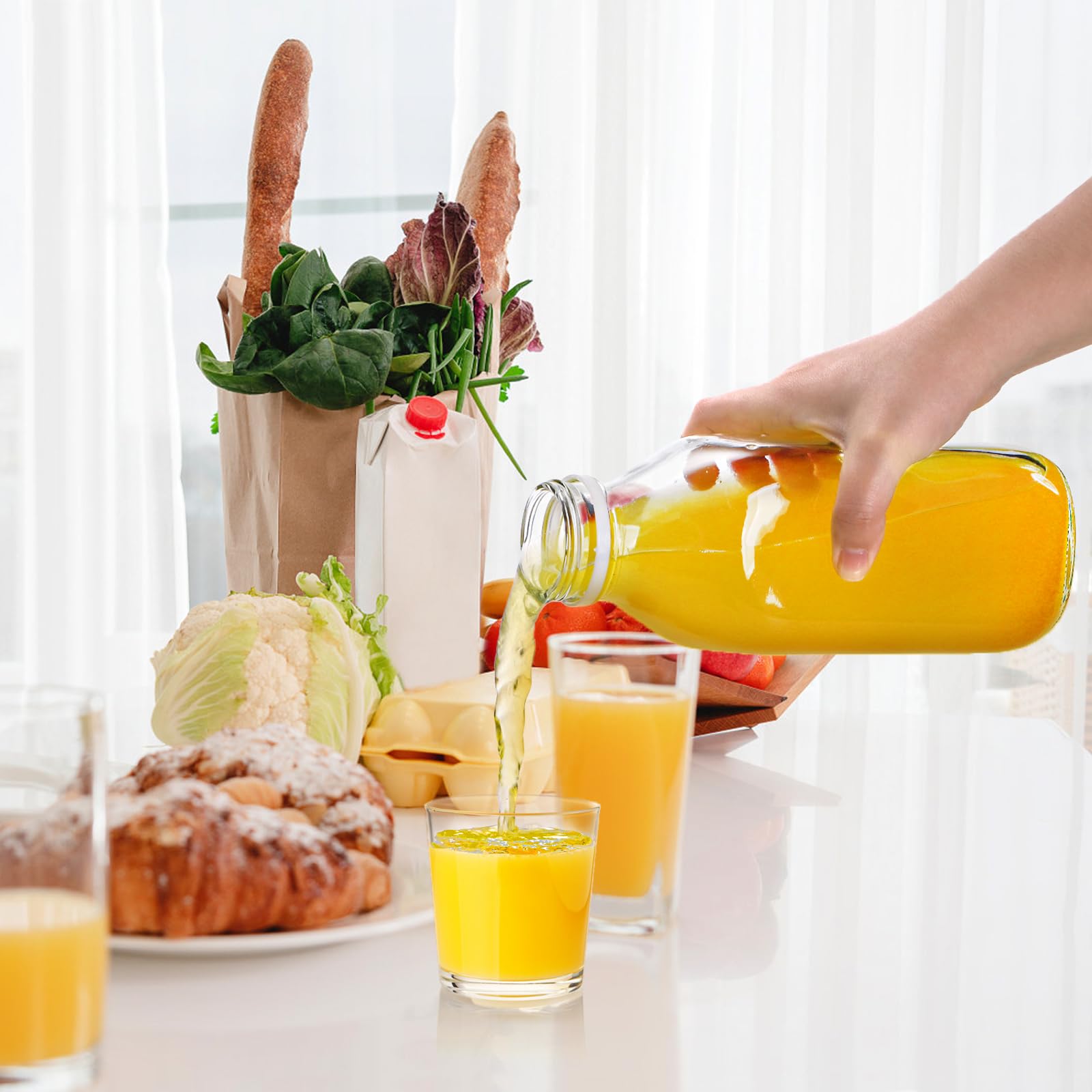 Bekith 6 Pack Liter Glass Milk Bottles with Airtight Screw Lid, 32 Oz Glass Juice Bottles, Reusable Glass Beverage Drinking Jar