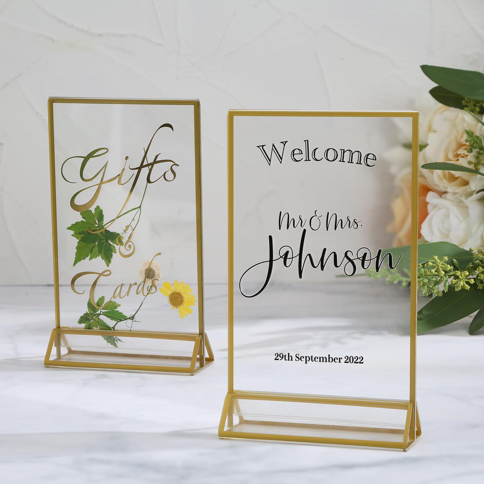 Uniqooo Acrylic Sign Holders With Golden Border, Portrait View, Pack Of 6 | 4X6 Inches Double Sided Clear Frame, Perfect For Wed