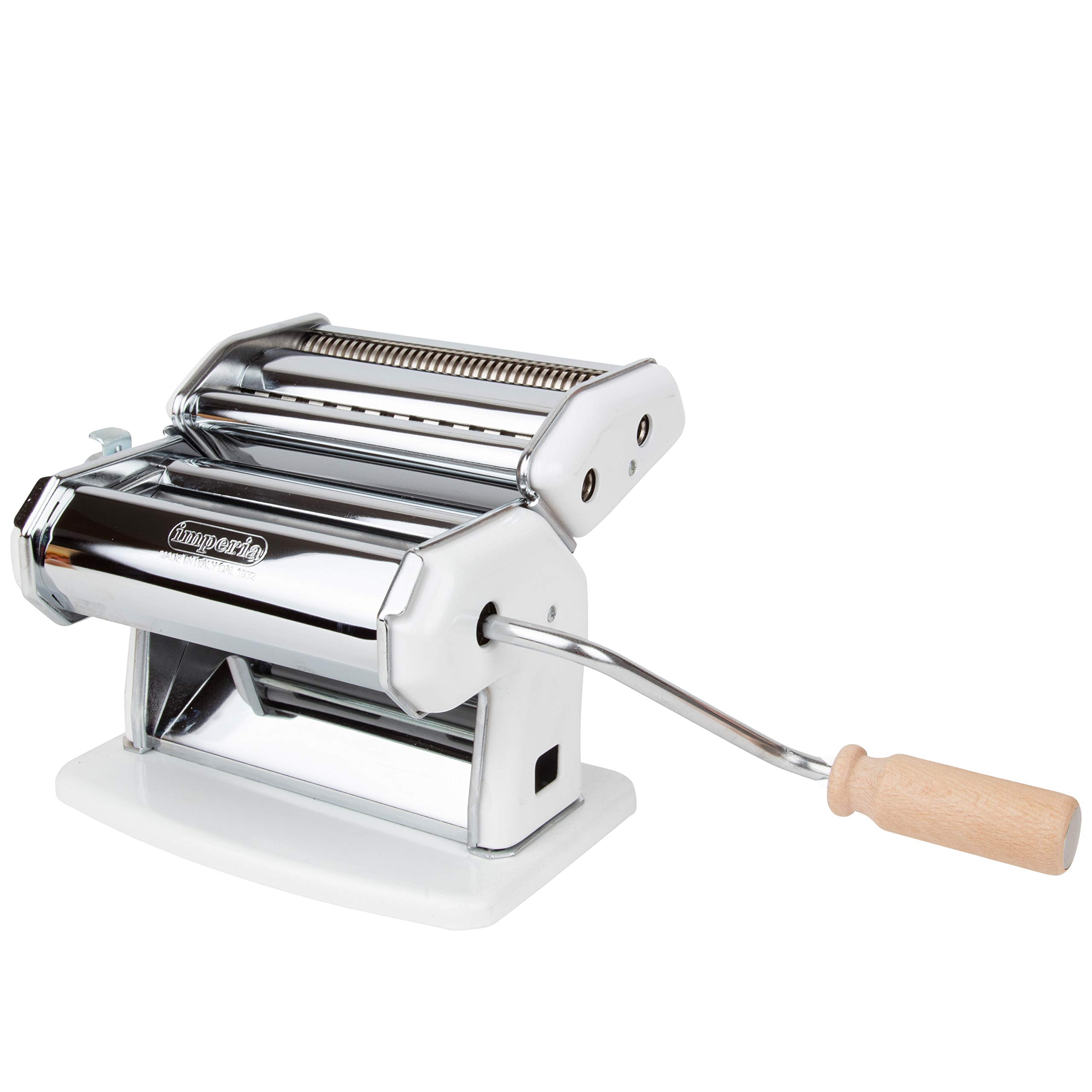 Imperia Pasta Maker Machine, White, Made In Italy- Heavy Duty Steel Construction W Easy Lock Dial, Wood Grip Handle For Authenti