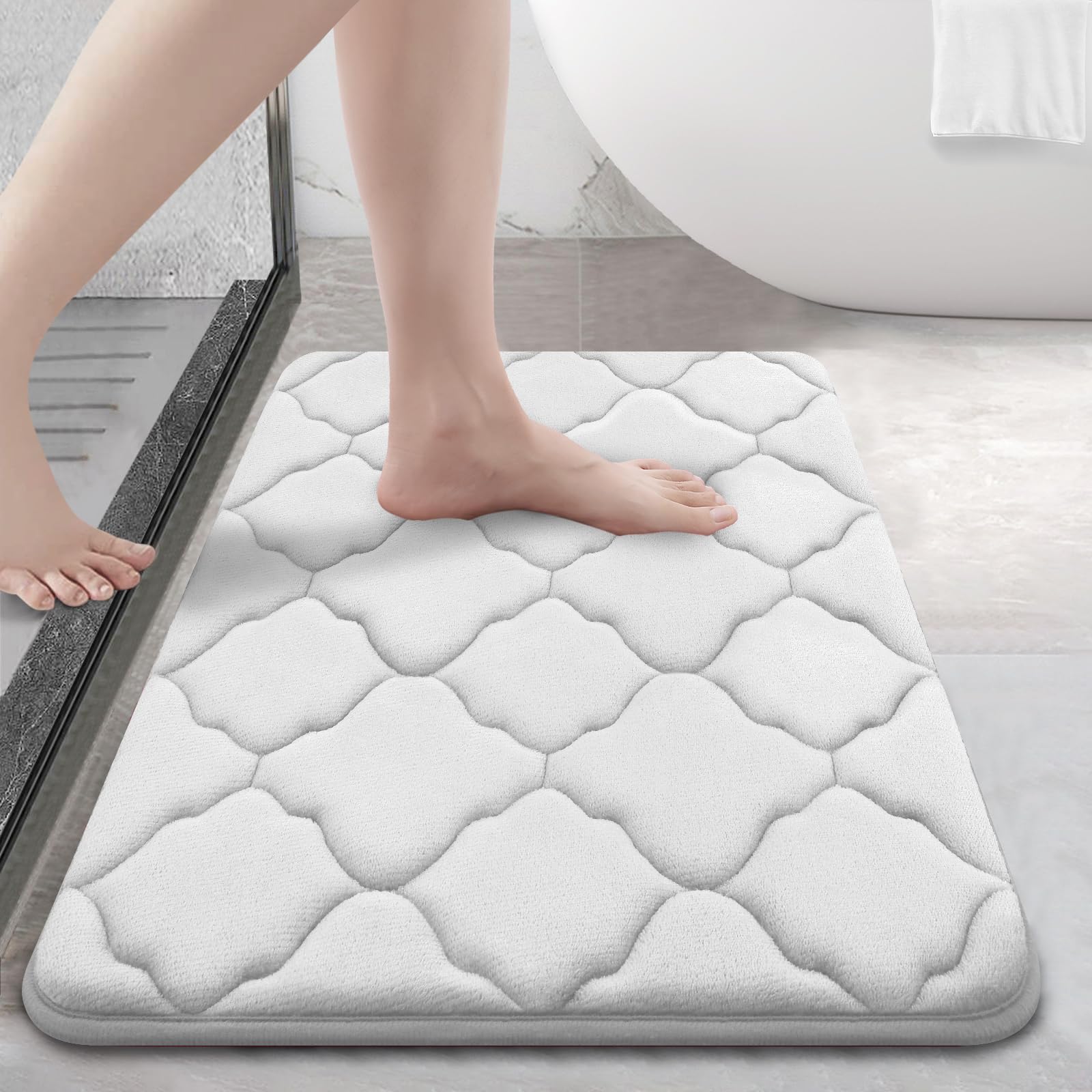 OLANLY Memory Foam Bath Mat Rug 24x16  Ultra Soft Non Slip and Absorbent Bathroom Rug  Machine Wash Dry  Comfortable  Thick Bath Rug Carpet for Bathroom Floor  Tub and Shower  White